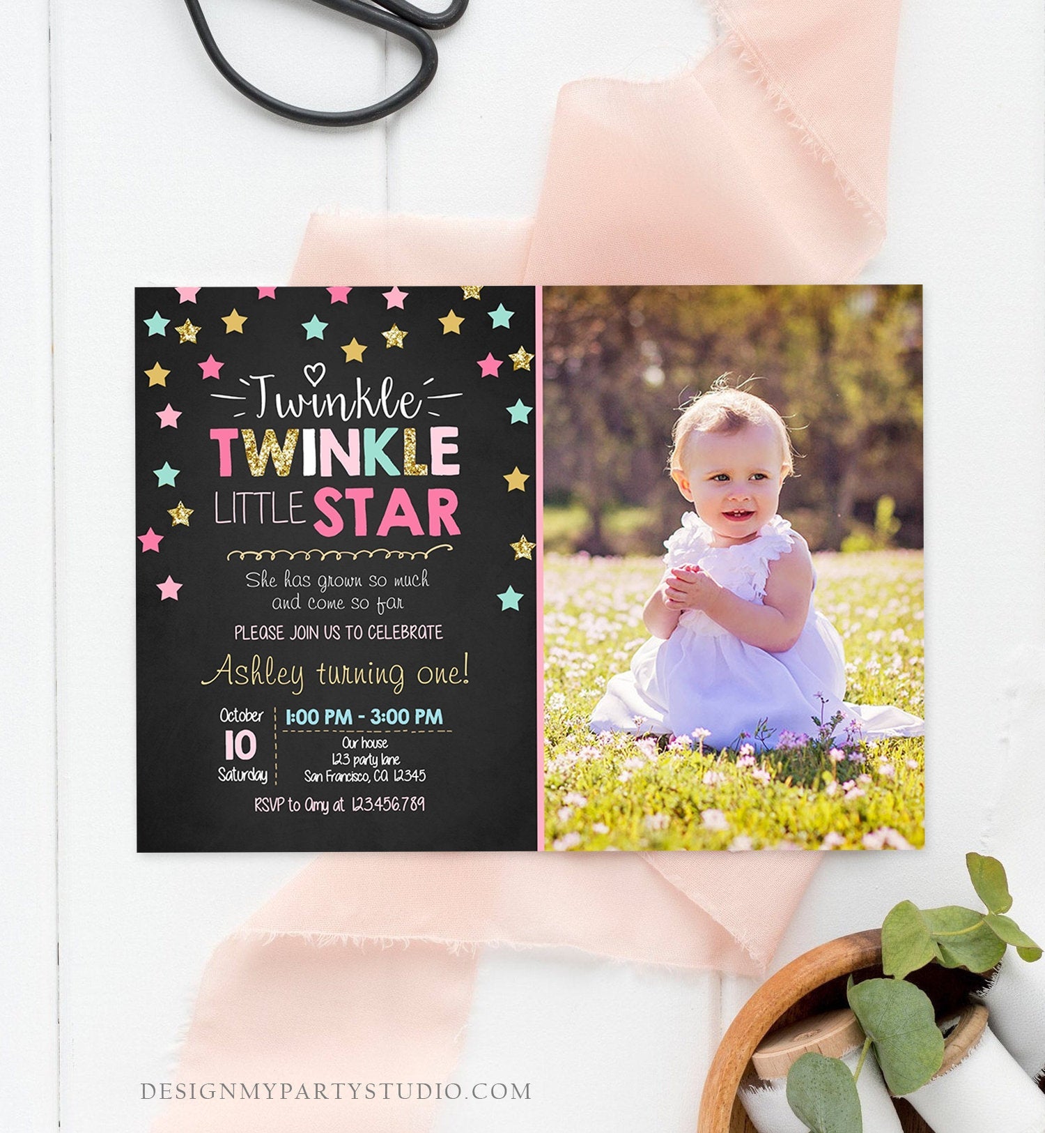 Editable Twinkle Little Star Birthday Invitation Pink Blue Mint Gold Girl First Birthday Chalk Stars Download Corjl Template Printable 0028