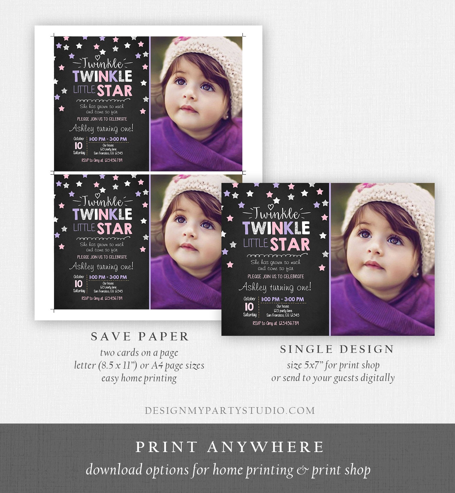 Editable Twinkle Little Star Birthday Invitation Pink Blue Mint Gold Girl First Birthday Chalk Stars Download Corjl Template Printable 0028