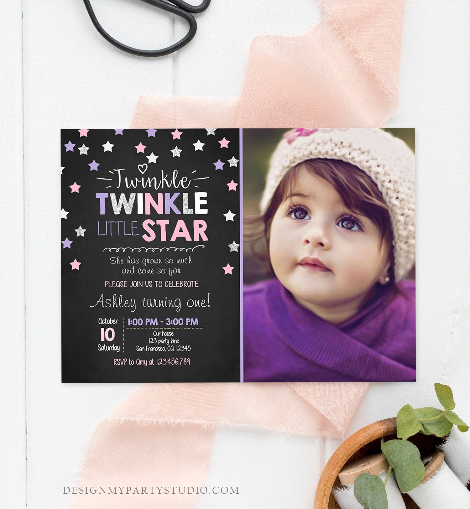 Editable Twinkle Little Star Birthday Invitation Pink Blue Mint Gold Girl First Birthday Chalk Stars Download Corjl Template Printable 0028