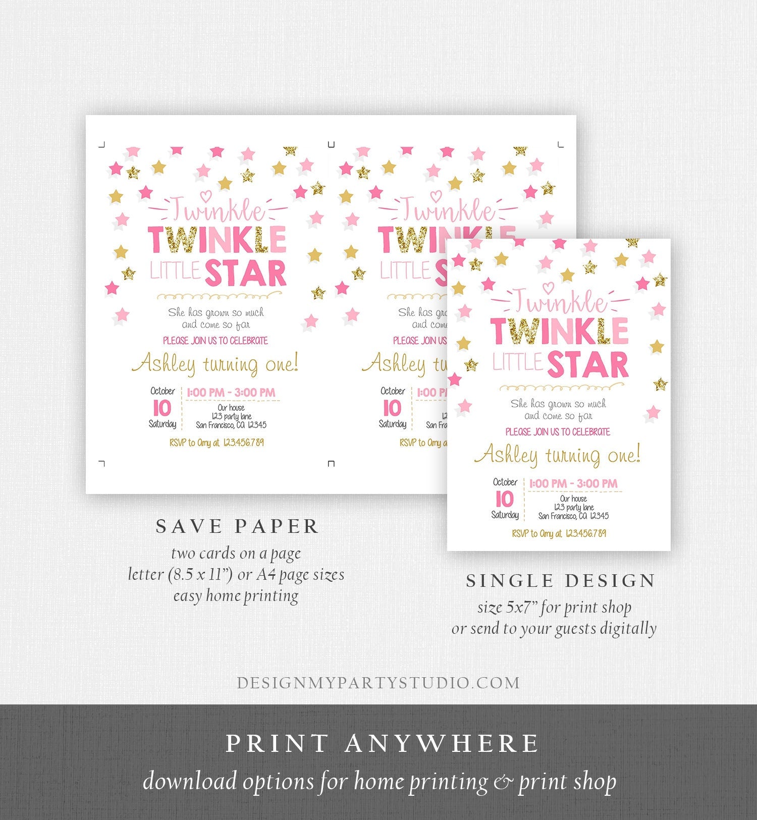 Editable Twinkle Little Star Birthday Invitation Pink Gold Glitter Girl First Birthday Chalk Stars Download Corjl Template Printable 0028