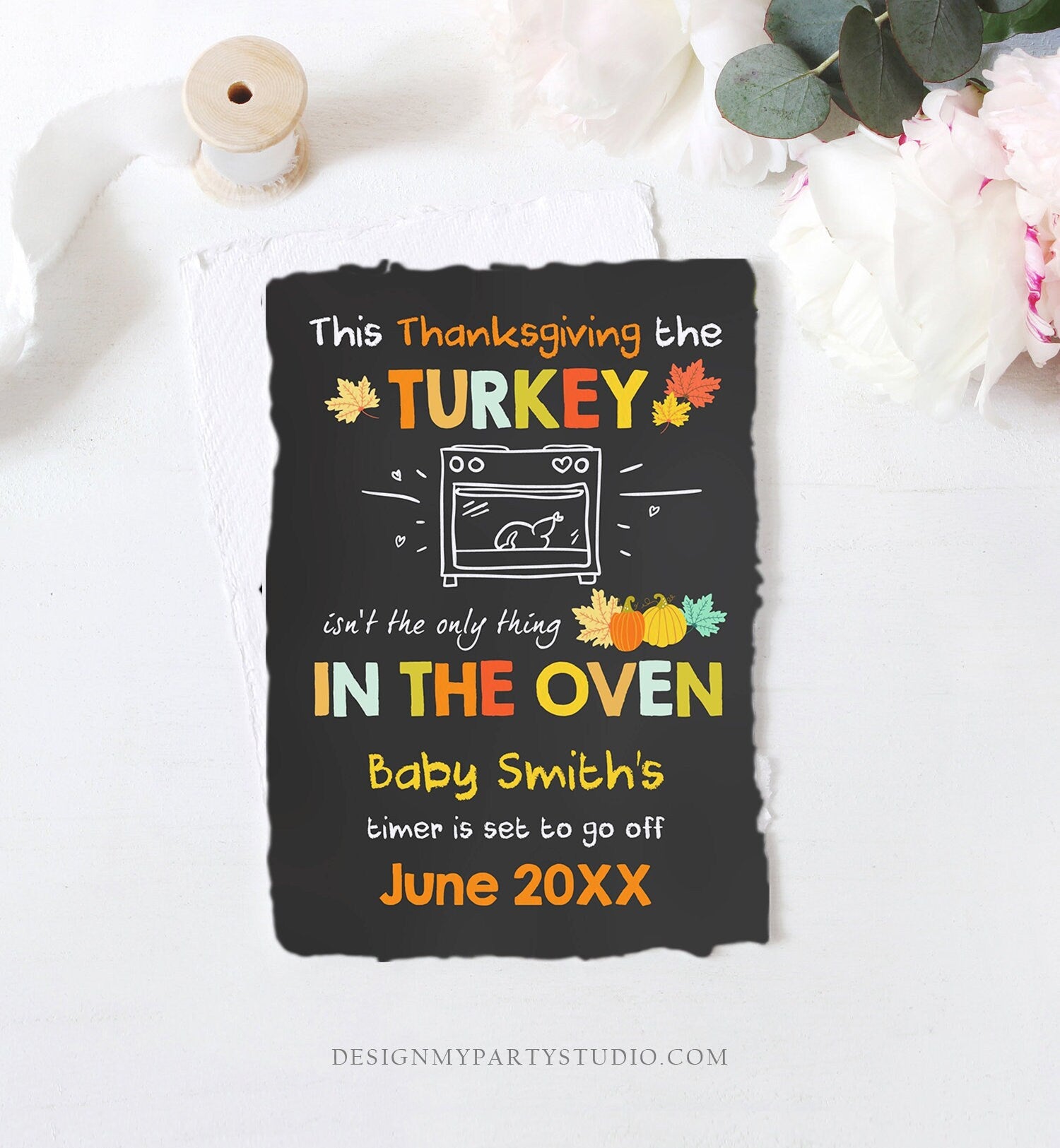 Editable Thanksgiving Pregnancy Announcement Reveal Turkey In The Oven Baby on the Way Fall Autumn Download Corjl Template Printable 0314