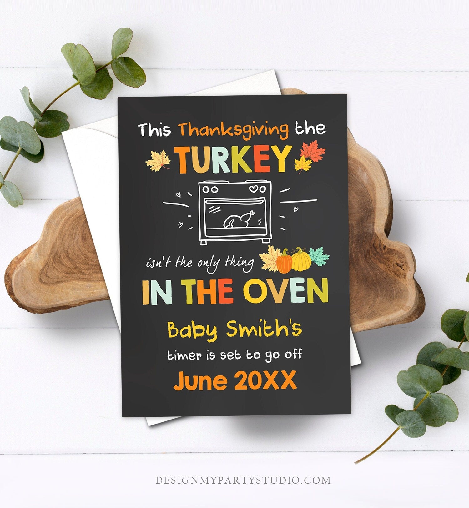 Editable Thanksgiving Pregnancy Announcement Reveal Turkey In The Oven Baby on the Way Fall Autumn Download Corjl Template Printable 0314