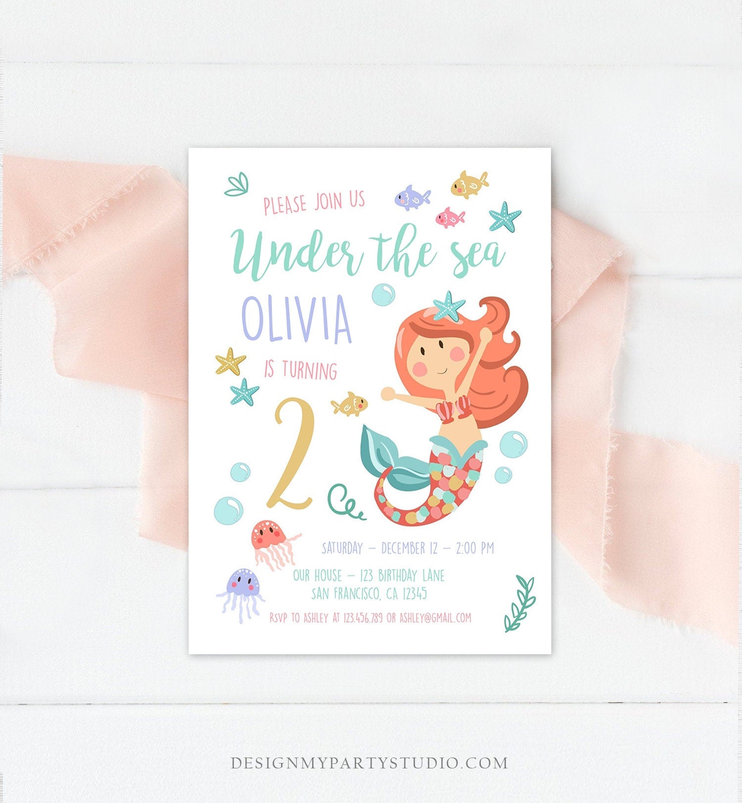 Editable Little Mermaid Birthday Invitation Girl First Birthday Under The Sea Coral Starfish Instant Download Corjl Template Printable 0124