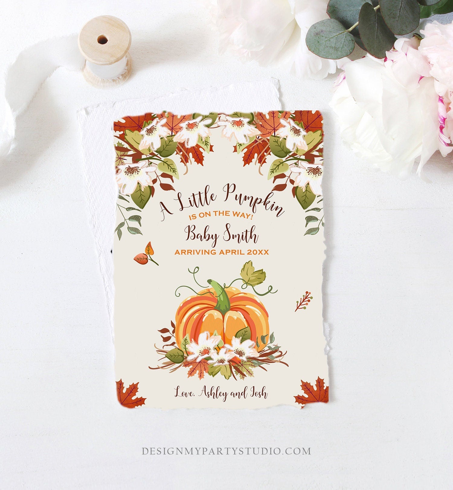 Editable Pumpkin Pregnancy Announcement Rustic Gender Neutral Brown Shower Autumn Fall Baby On the Way Download Digital Corjl Template 0049