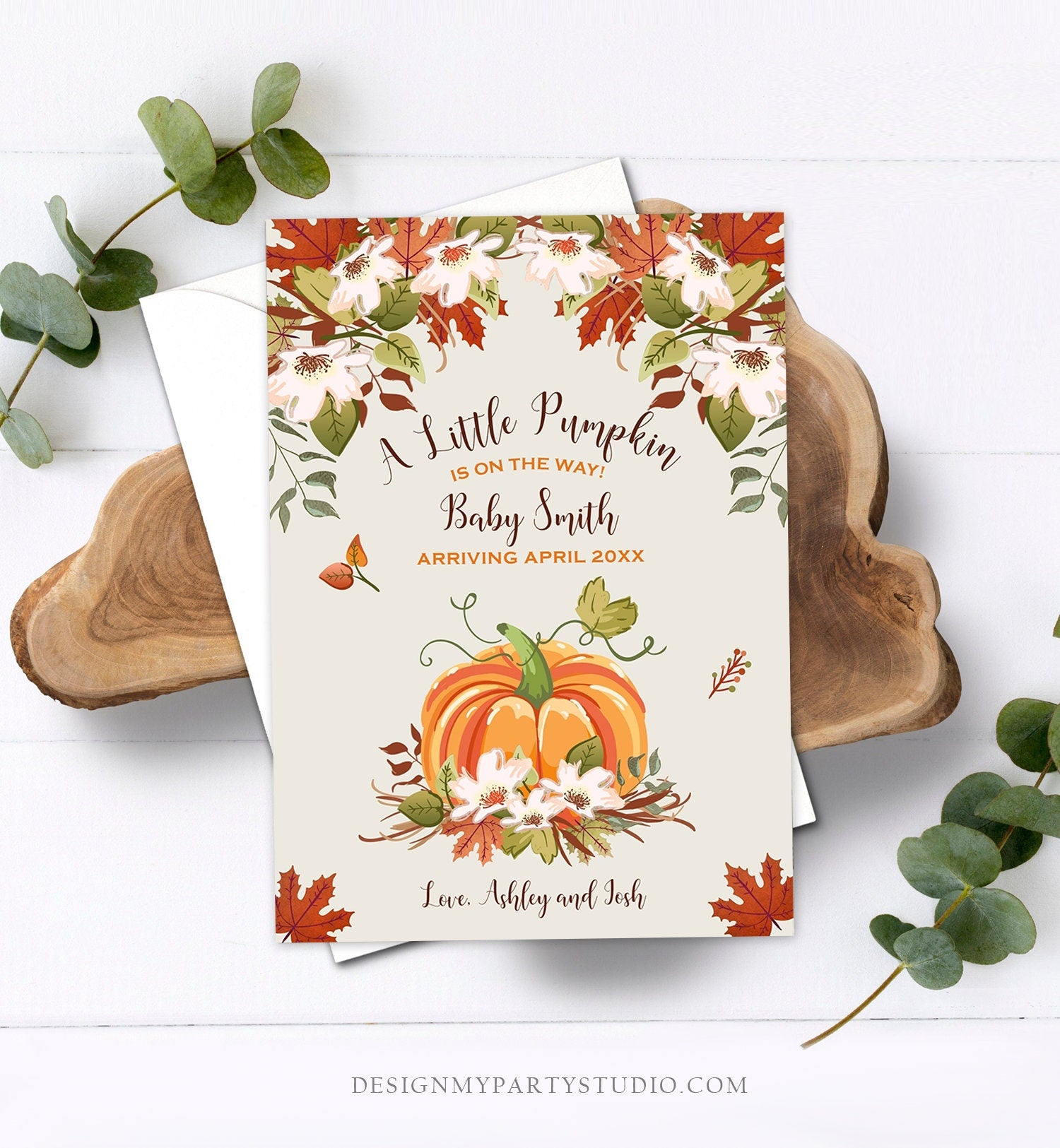 Editable Pumpkin Pregnancy Announcement Rustic Gender Neutral Brown Shower Autumn Fall Baby On the Way Download Digital Corjl Template 0049