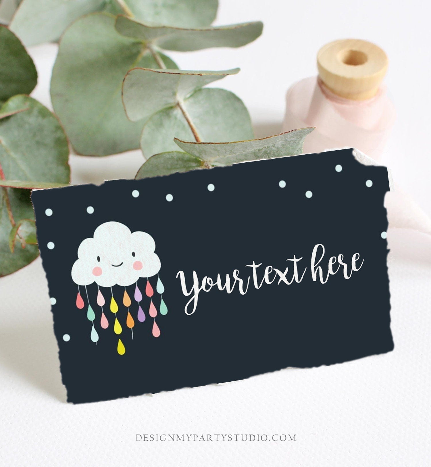 Editable Cloud Food Labels Raindrops Place Card Rain Drops Baby shower Tent Card Escort Card Baby Sprinkle Rainbow Printable Corjl 0036