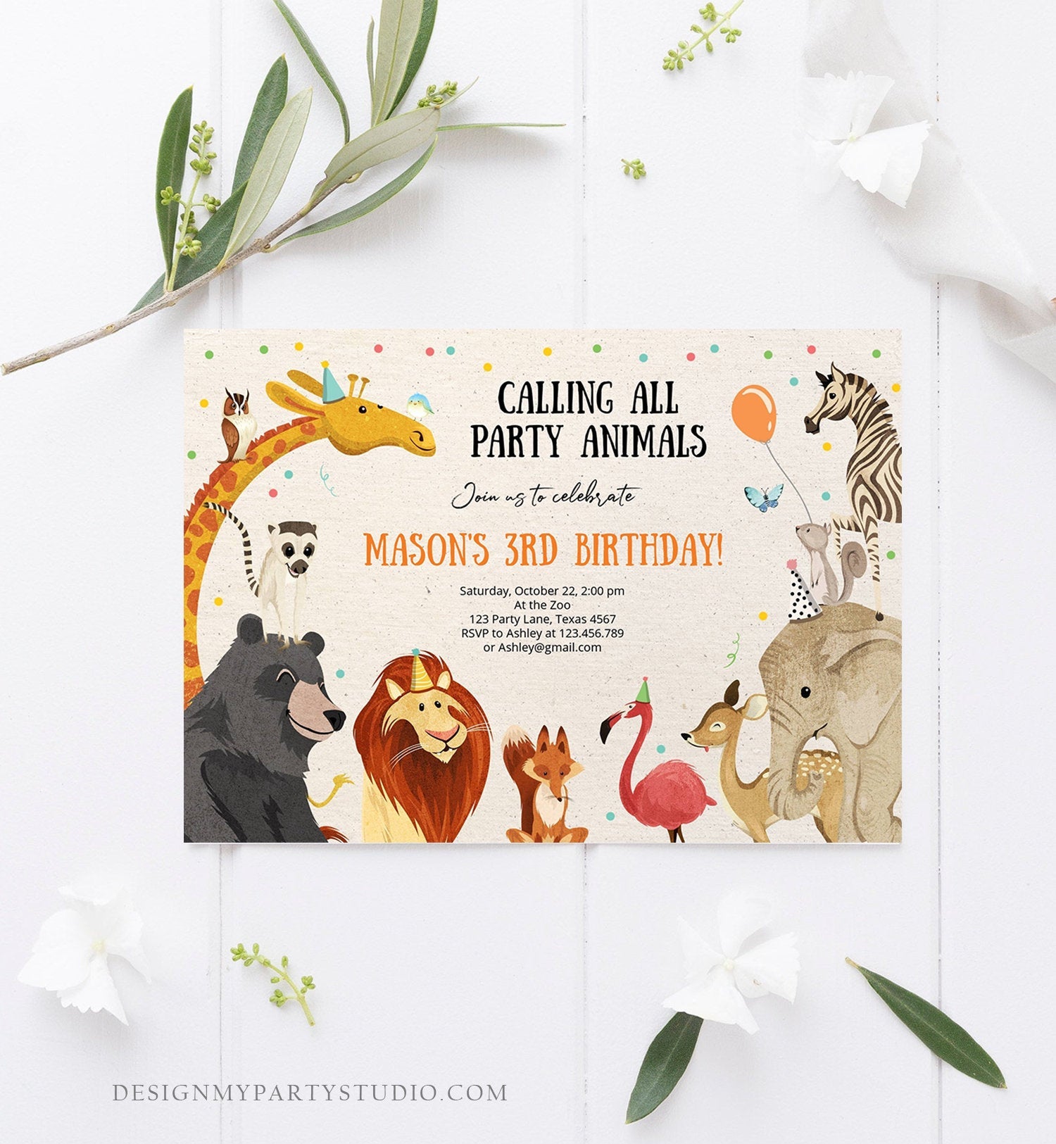 Editable Birthday Invitation Party Animals Wild One Baby Shower Invite Zoo Safari Animals Download Printable Invitation Template Corjl 0196