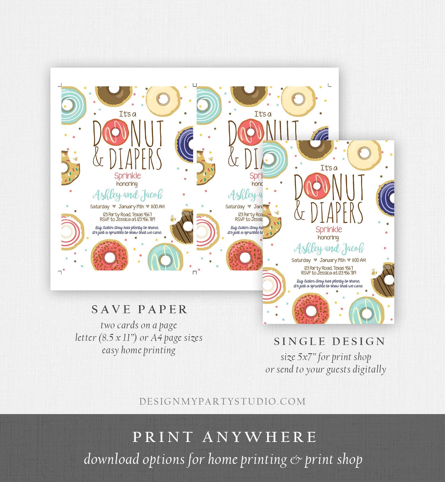 Editable Donut and Diapers Sprinkle Invitation Baby Shower Coed Shower Boy Navy Blue Red Sweet Printable Corjl Template Digital 0050