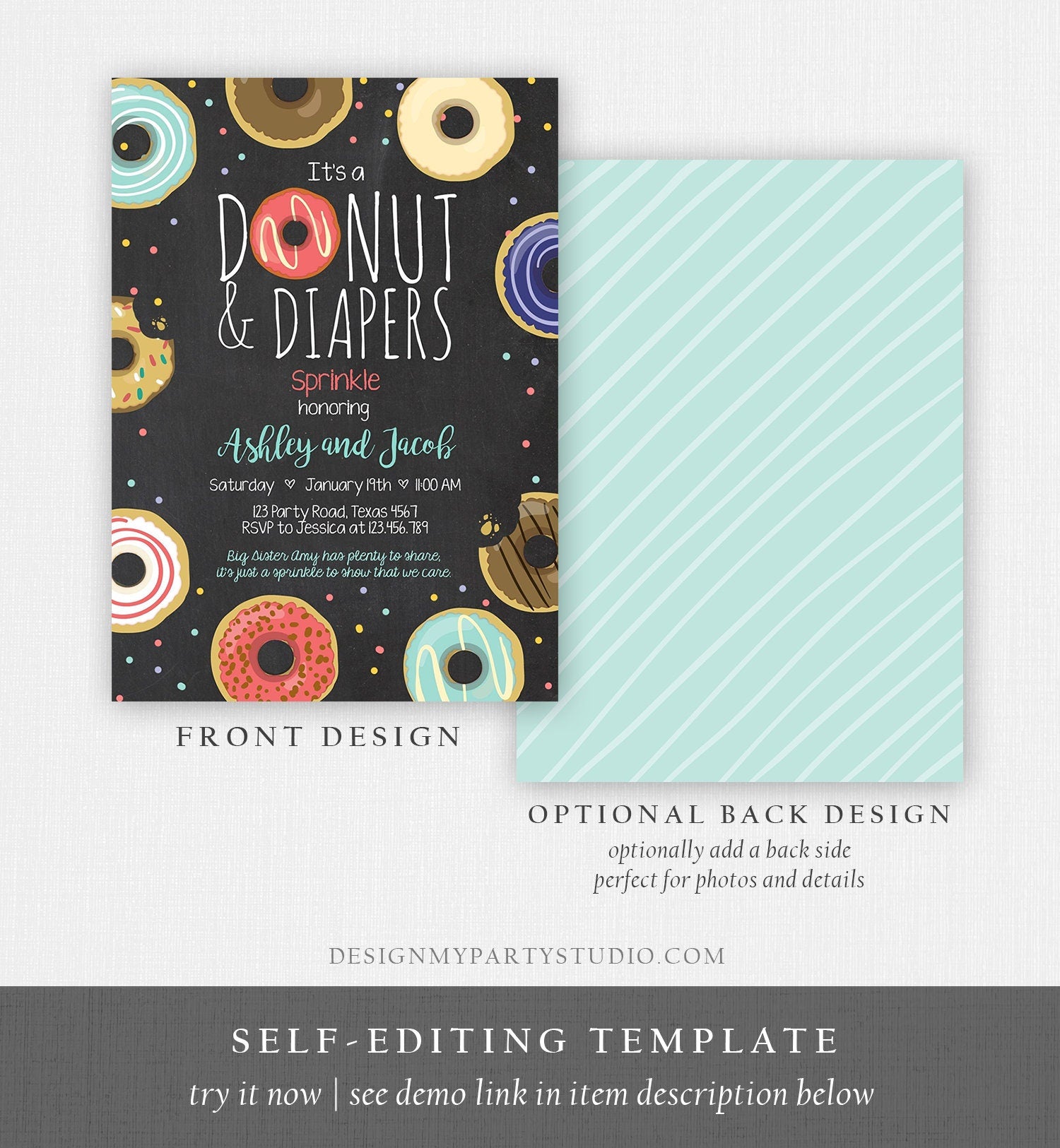 Editable Donut and Diapers Sprinkle Invitation Baby Shower Coed Shower Boy Navy Blue Red Sweet Printable Corjl Template Digital 0050