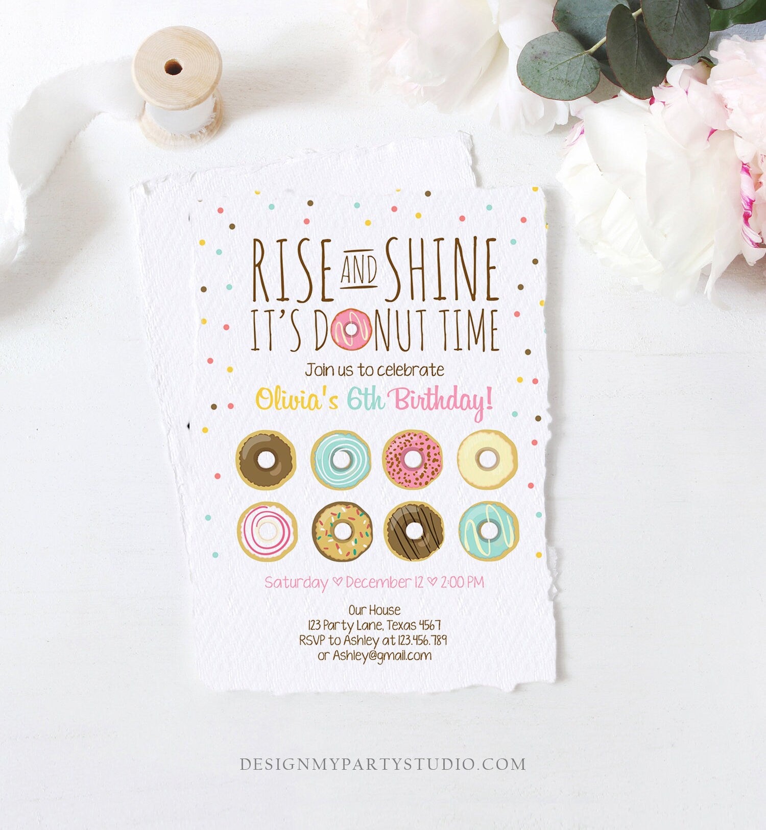 Editable Rise and Shine Donut Time Birthday Invitation ANY AGE Sweet Girl Birthday Party Pink Doughnut Digital Corjl Template Printable 0050