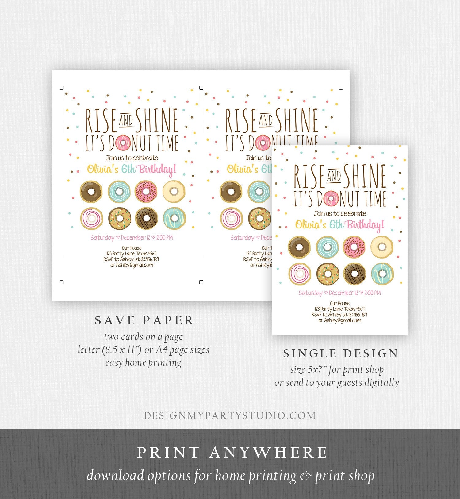 Editable Rise and Shine Donut Time Birthday Invitation ANY AGE Sweet Girl Birthday Party Pink Doughnut Digital Corjl Template Printable 0050