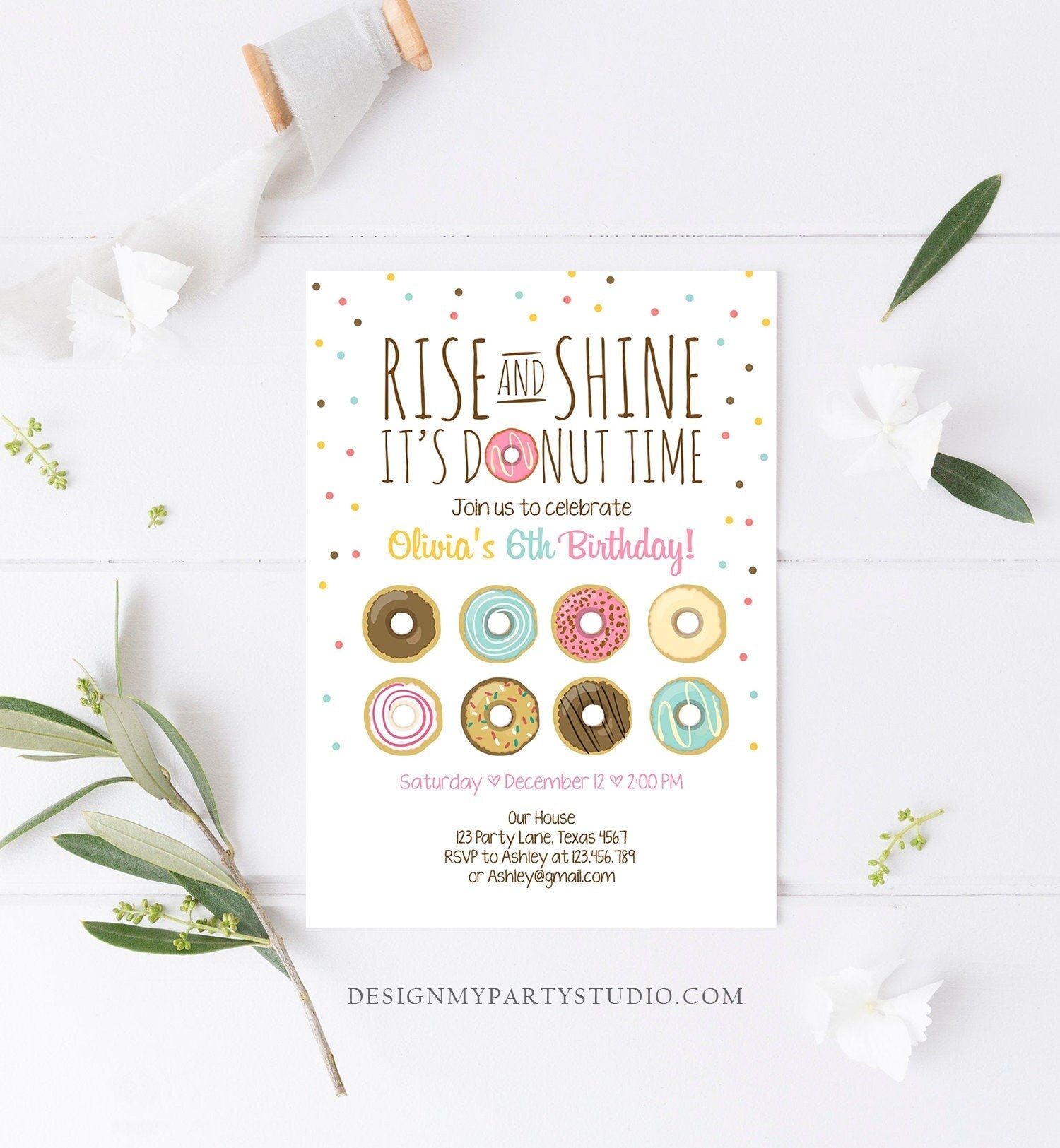 Editable Rise and Shine Donut Time Birthday Invitation ANY AGE Sweet Girl Birthday Party Pink Doughnut Digital Corjl Template Printable 0050