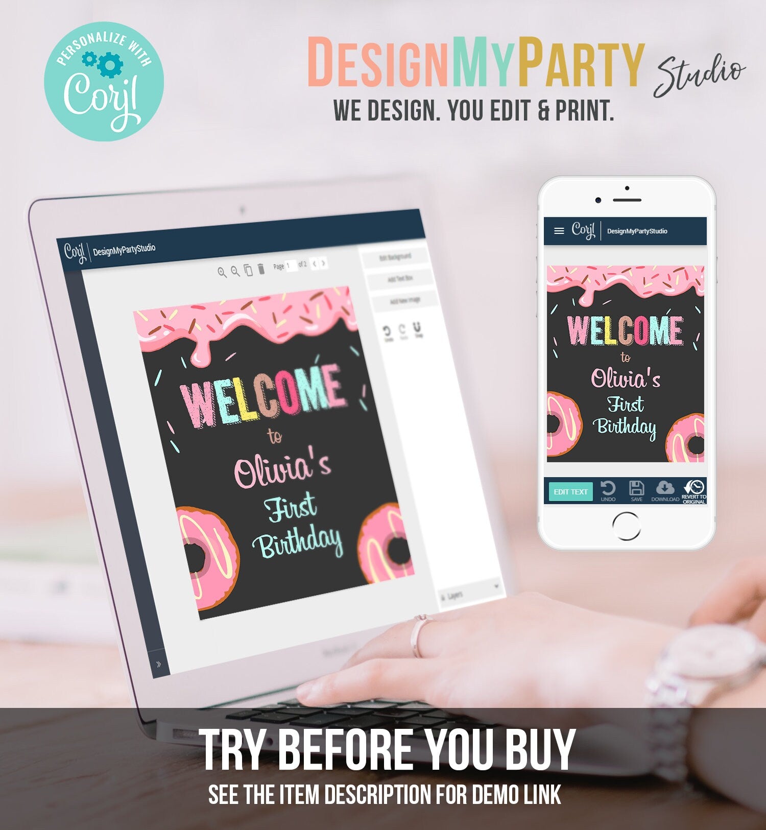 Editable Donut Welcome Sign Donut Birthday Party Pink Girl Doughnut Baby Shower Sprinkle Table Sign Download Corjl Template Printable 0050