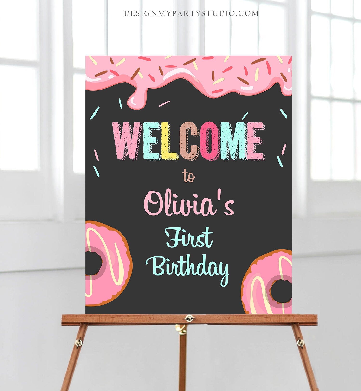 Editable Donut Welcome Sign Donut Birthday Party Pink Girl Doughnut Baby Shower Sprinkle Table Sign Download Corjl Template Printable 0050