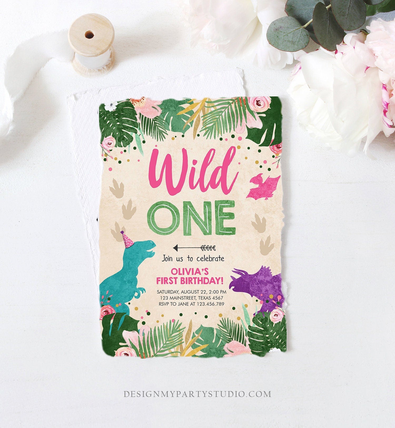 Editable Wild One Birthday Invitation Dinosaur Dino Party Girl 1st First Birthday Pink Purple Digital Download Corjl Template Printable 0388