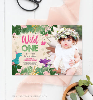 Editable Wild One Birthday Invitation Dinosaur Dino Party Girl 1st First Birthday Pink Purple Digital Download Corjl Template Printable 0146