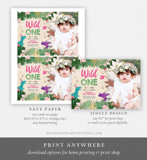 Editable Wild One Birthday Invitation Dinosaur Dino Party Girl 1st First Birthday Pink Purple Digital Download Corjl Template Printable 0146