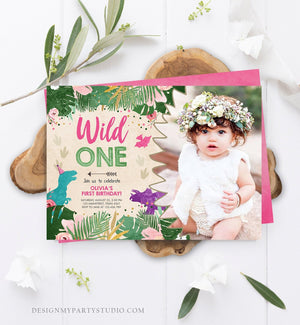 Editable Wild One Birthday Invitation Dinosaur Dino Party Girl 1st First Birthday Pink Purple Digital Download Corjl Template Printable 0146