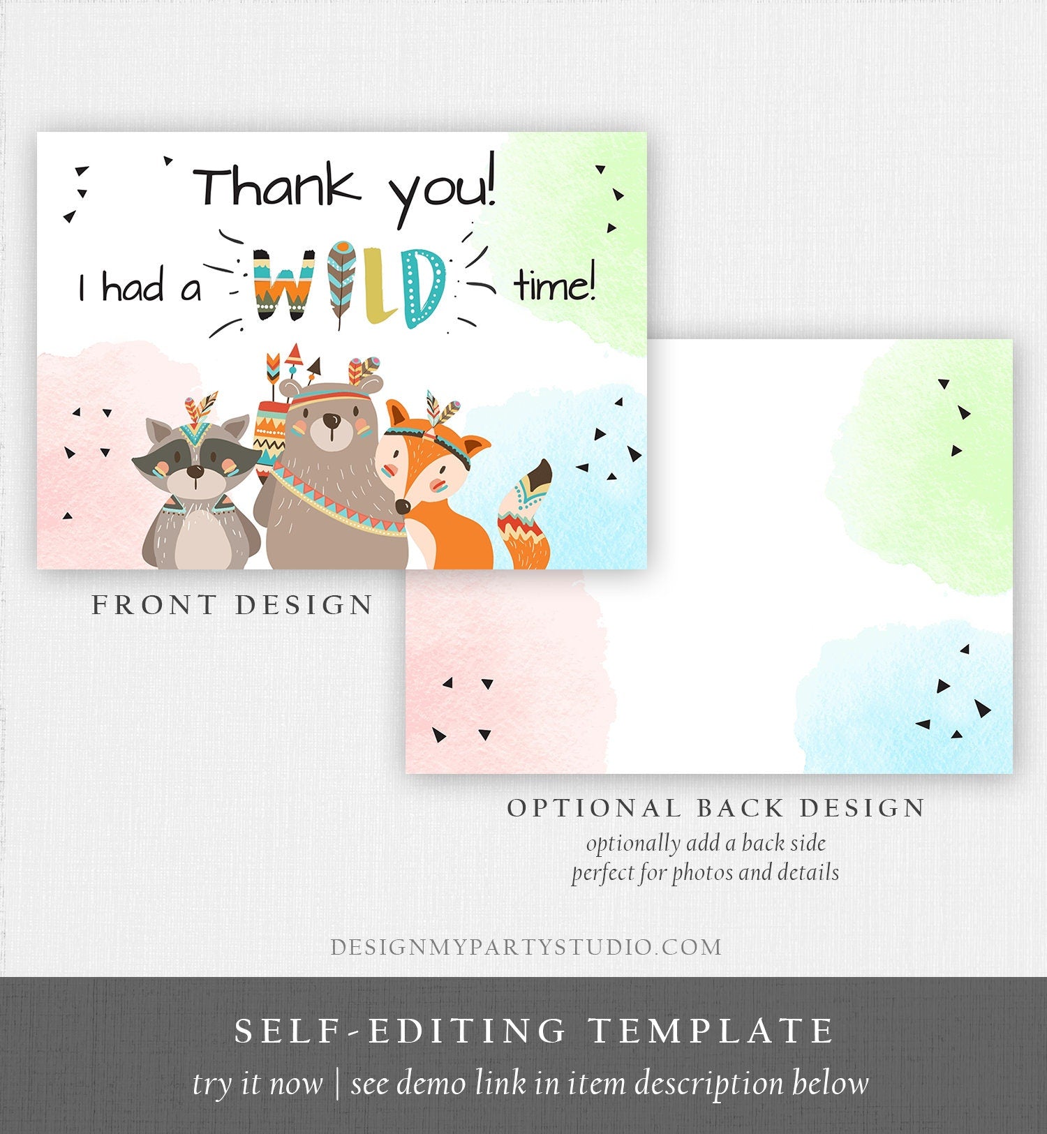 Editable Tribal Woodland Animals Thank You Card Wild One Thank You Note Boy First Birthday Digital Download Corjl Template Printable 0061