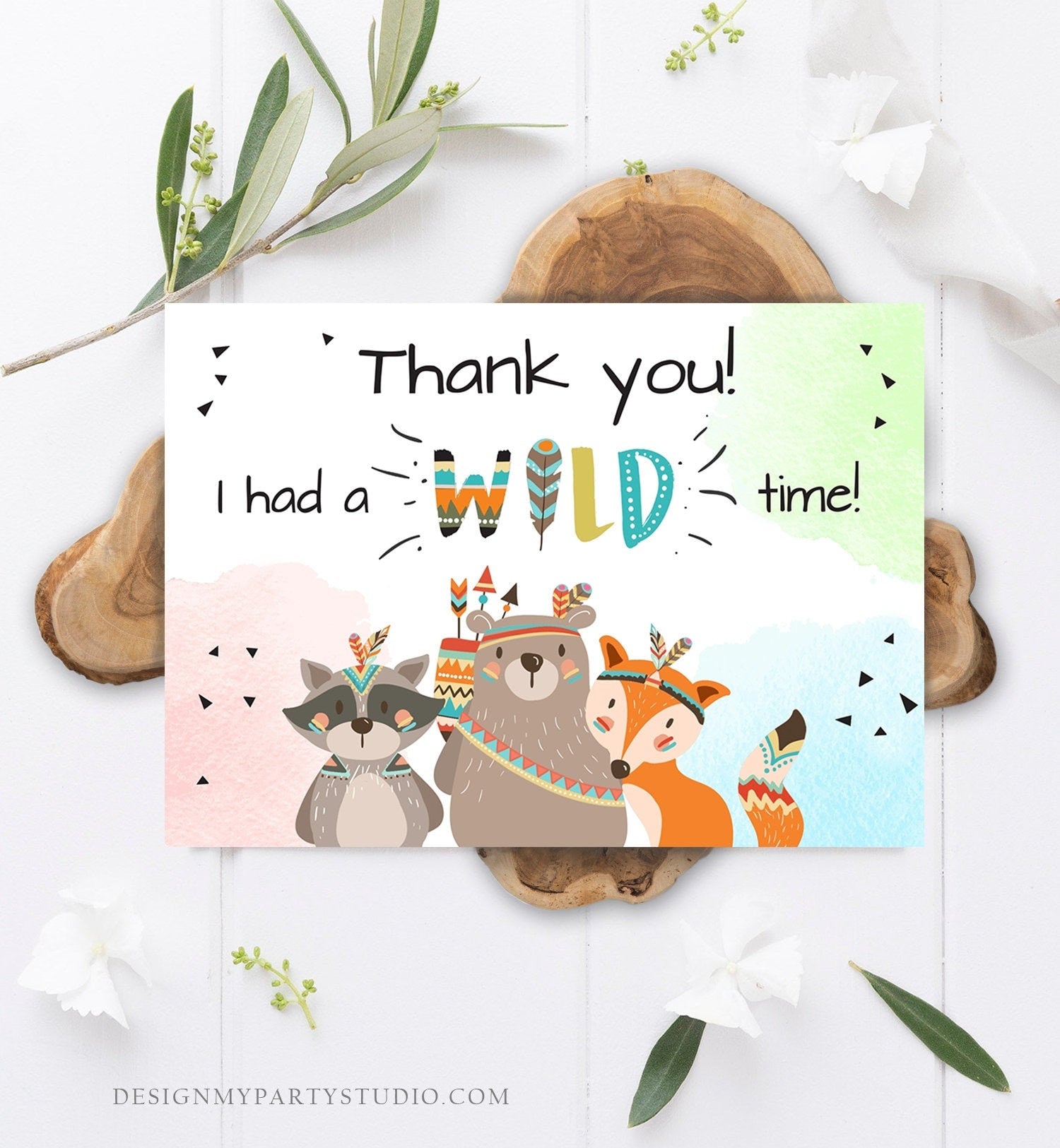 Editable Tribal Woodland Animals Thank You Card Wild One Thank You Note Boy First Birthday Digital Download Corjl Template Printable 0061