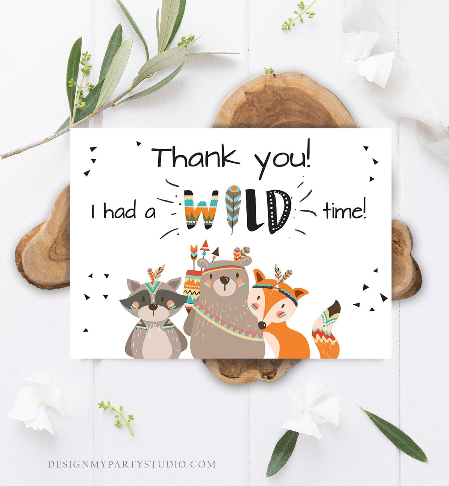 Editable Tribal Woodland Animals Thank You Card Wild One Thank You Note Boy First Birthday Digital Download Corjl Template Printable 0061