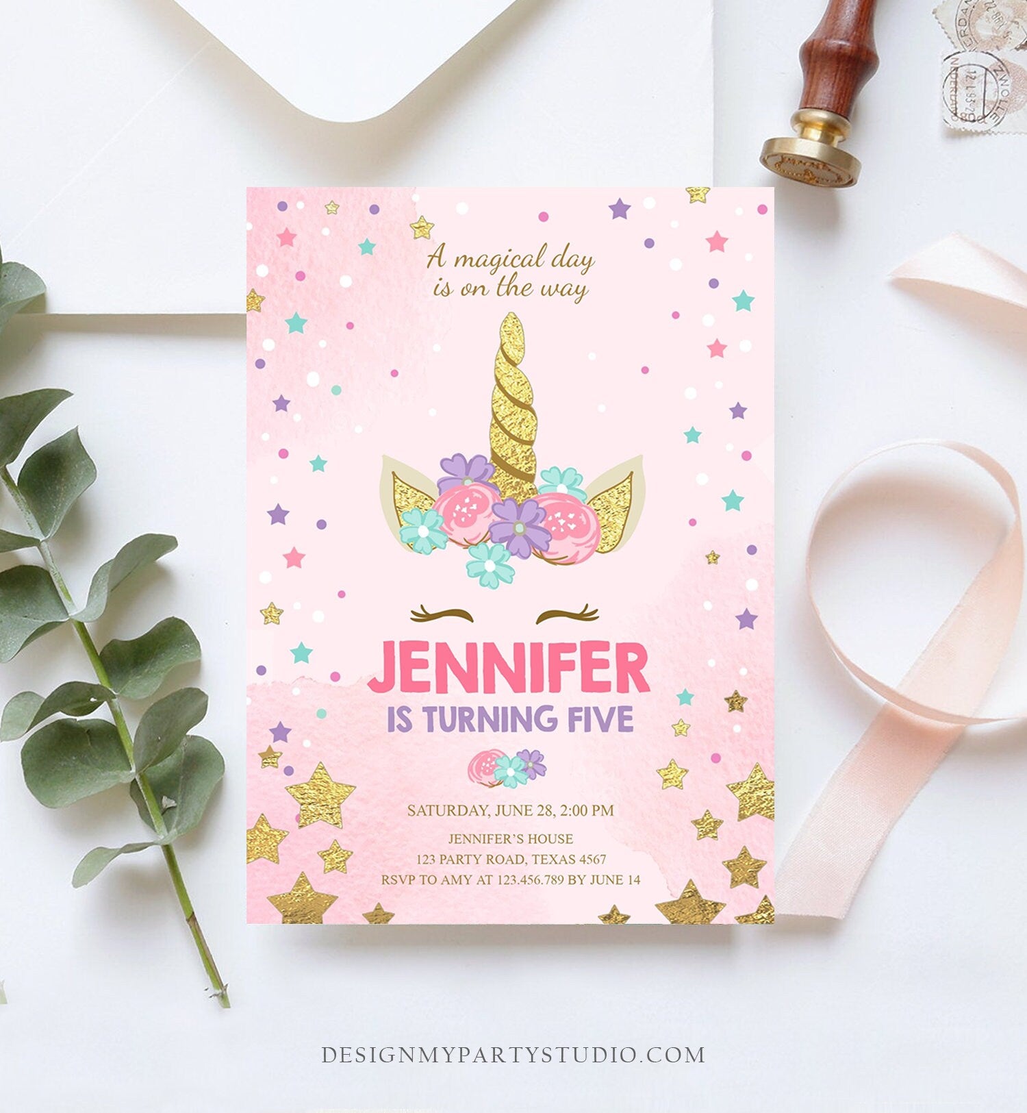 Editable Magical Unicorn Birthday Invitation ANY AGE Pastel Pink Girl Gold Stars Party Floral Digital Download Corjl Template Printable 0041