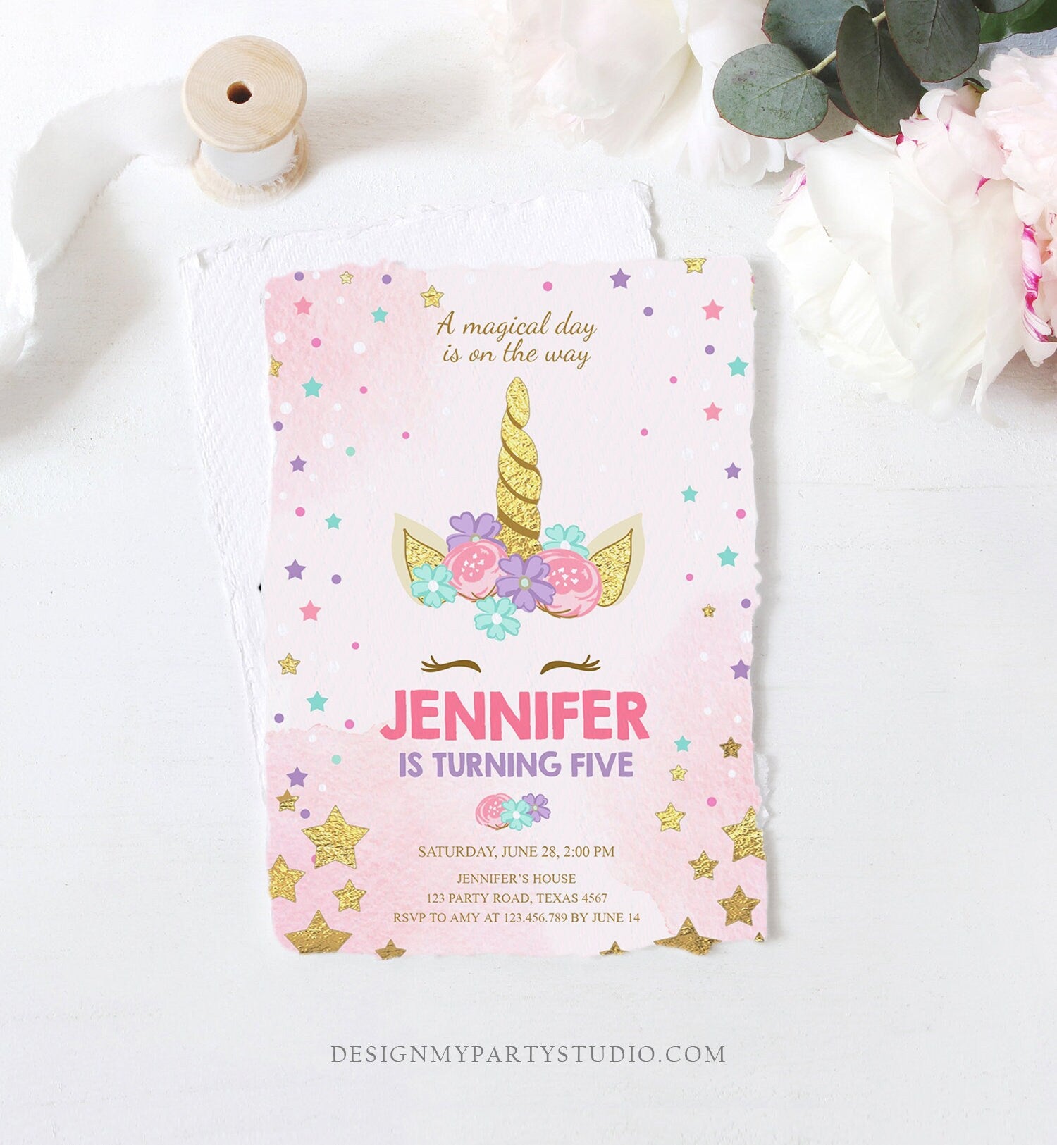 Editable Magical Unicorn Birthday Invitation ANY AGE Pastel Pink Girl Gold Stars Party Floral Digital Download Corjl Template Printable 0041