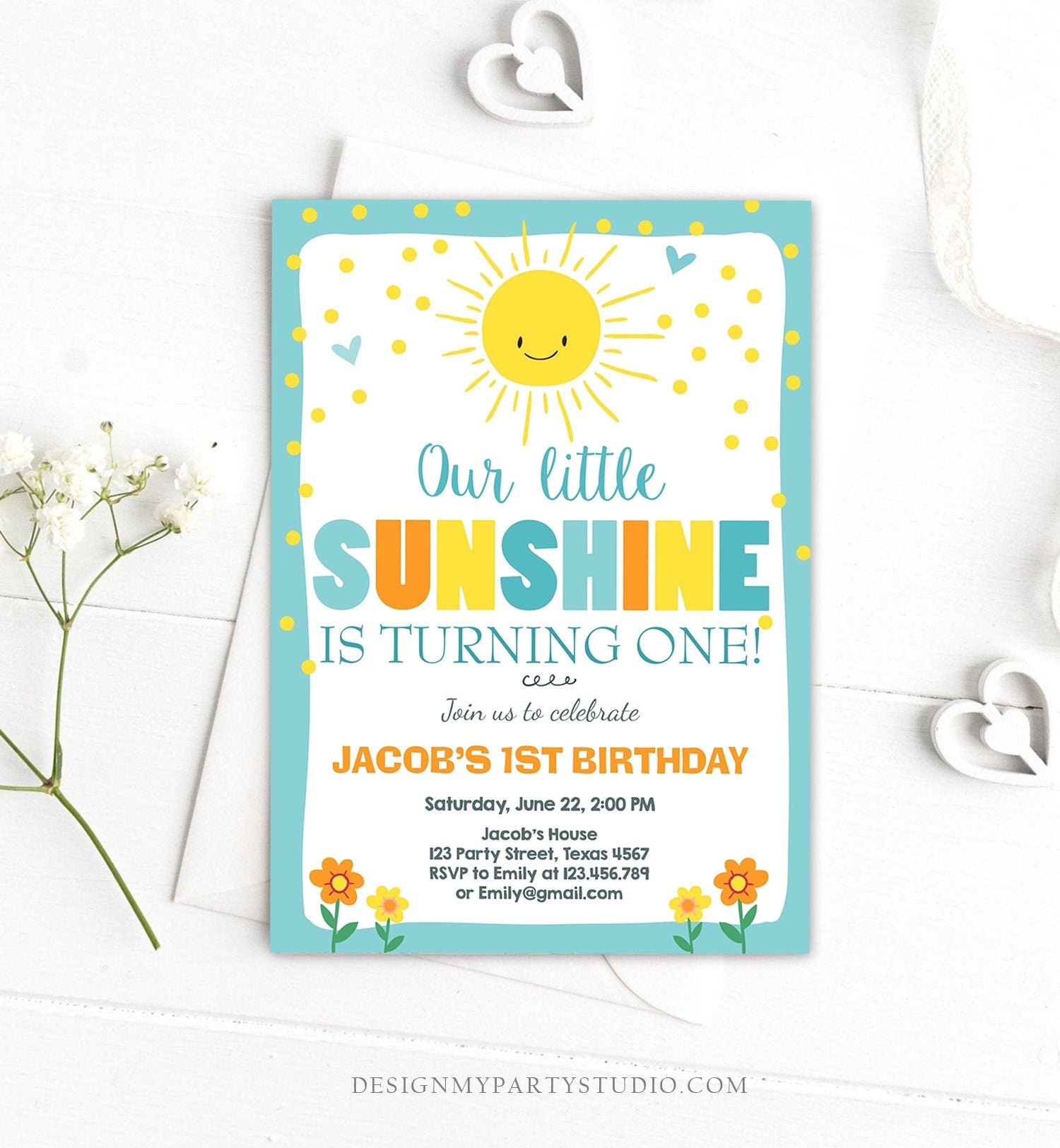 Editable Little Sunshine Birthday Invitation You are My Sunshine Boy 1st birthday Blue Download Printable Invitation Template Corjl 0070