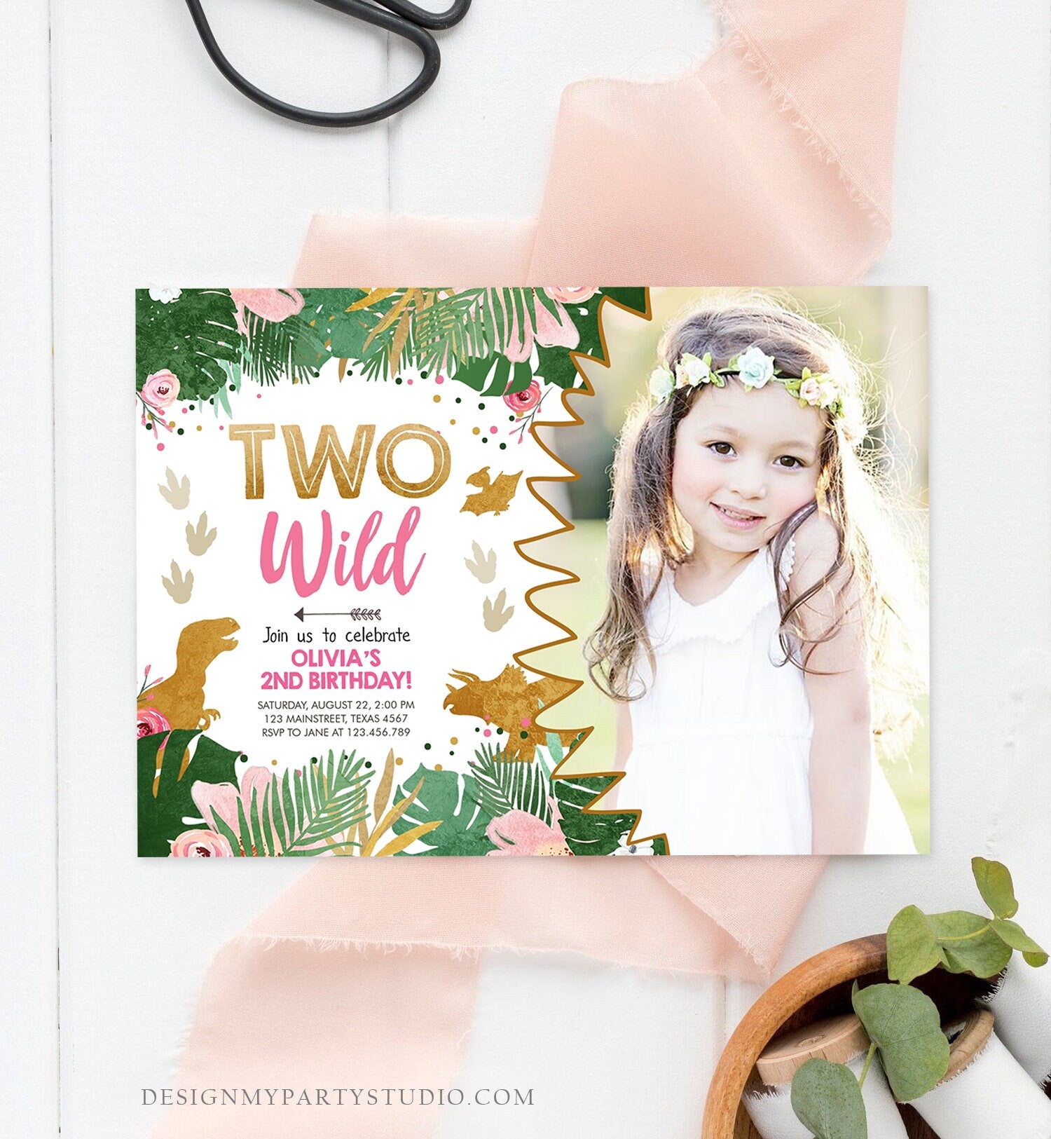 Editable Two Wild Birthday Invitation Dinosaur Dino Party Girl 2nd Second Birthday Pink Gold In Two the Wild Corjl Template Printable 0146