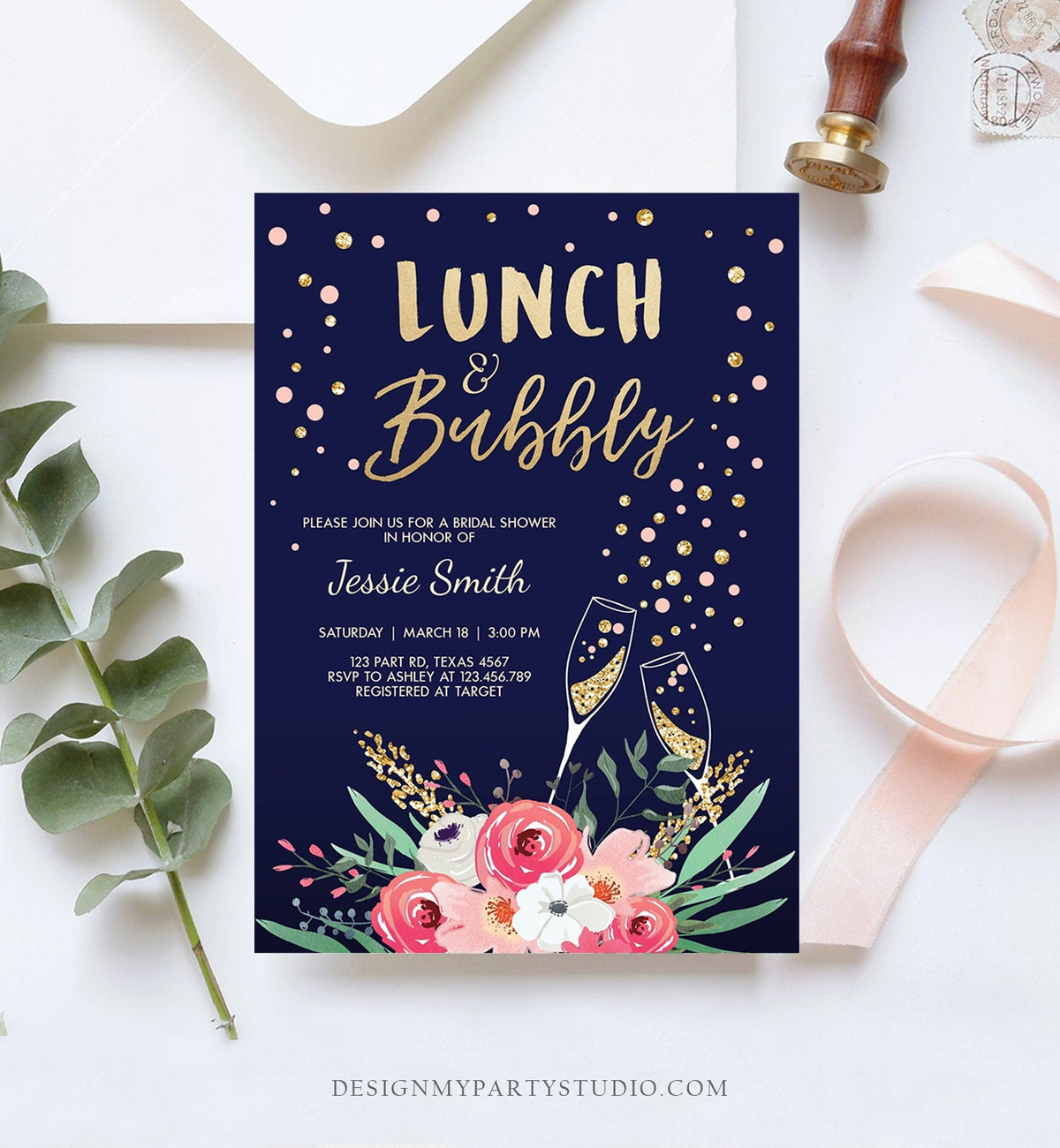 Editable Lunch and Bubbly Bridal Shower Invite Floral Champagne Gold Pink Navy Wedding Brunch Download Printable Template Digital Corjl 0318