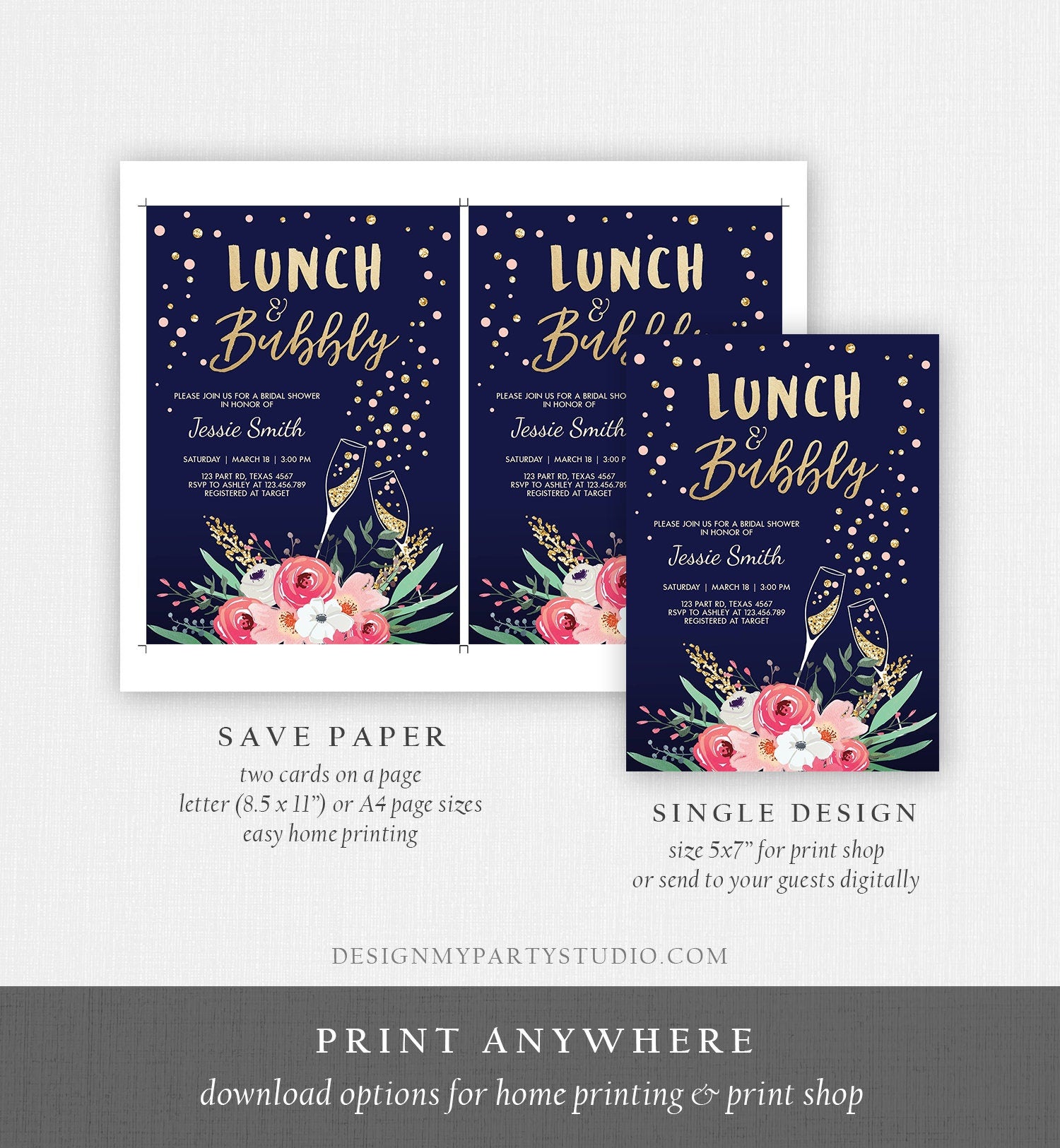 Editable Lunch and Bubbly Bridal Shower Invite Floral Champagne Gold Pink Navy Wedding Brunch Download Printable Template Digital Corjl 0318