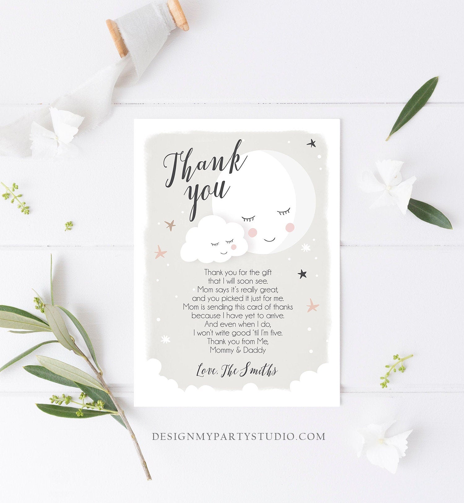 Editable Thank You Card Baby Shower Loved to the Moon and Back Stars Thank You Gender Neutral Sprinkle Template Instant Download Corjl 0113