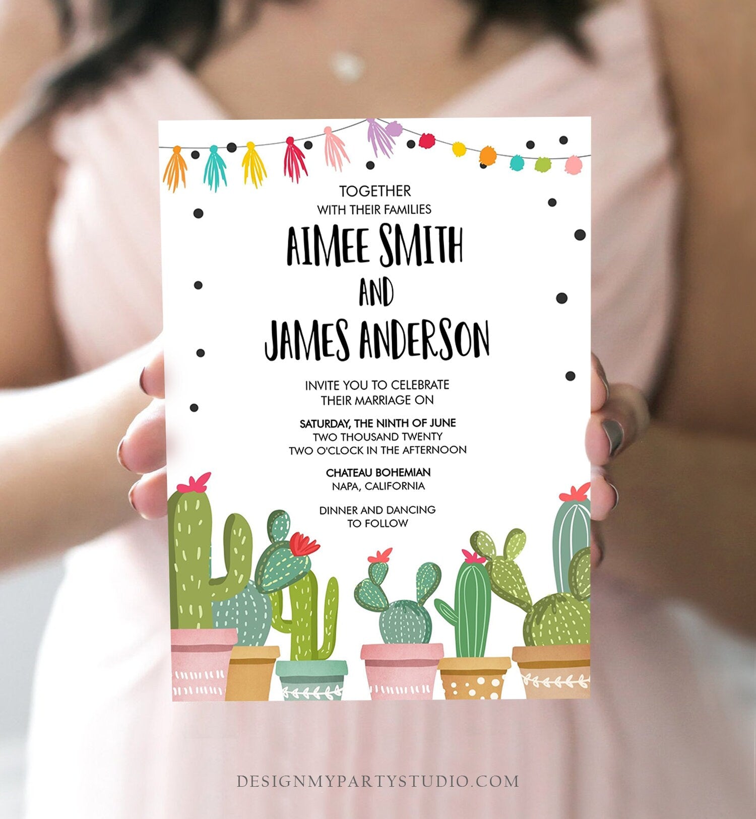 Editable Cactus Wedding Invitation Fiesta Wedding Invite Mexican Succulent Bohemian Instant Digital Download Corjl Template Printable 0254