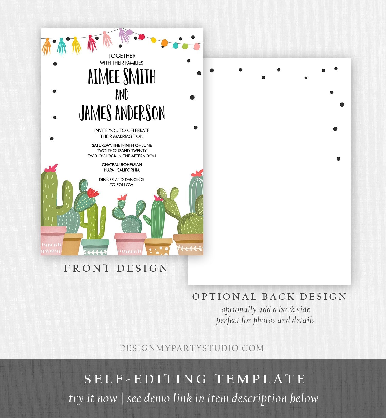 Editable Cactus Wedding Invitation Fiesta Wedding Invite Mexican Succulent Bohemian Instant Digital Download Corjl Template Printable 0254