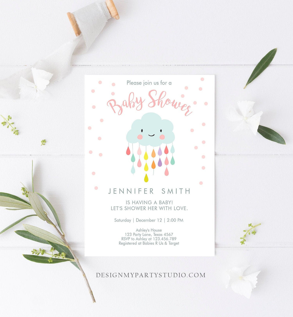 Editable Cloud Baby Shower Invitation Raindrop Shower with Love Rain drops Girl Pink Instant Download Printable Template Corjl Digital 0036