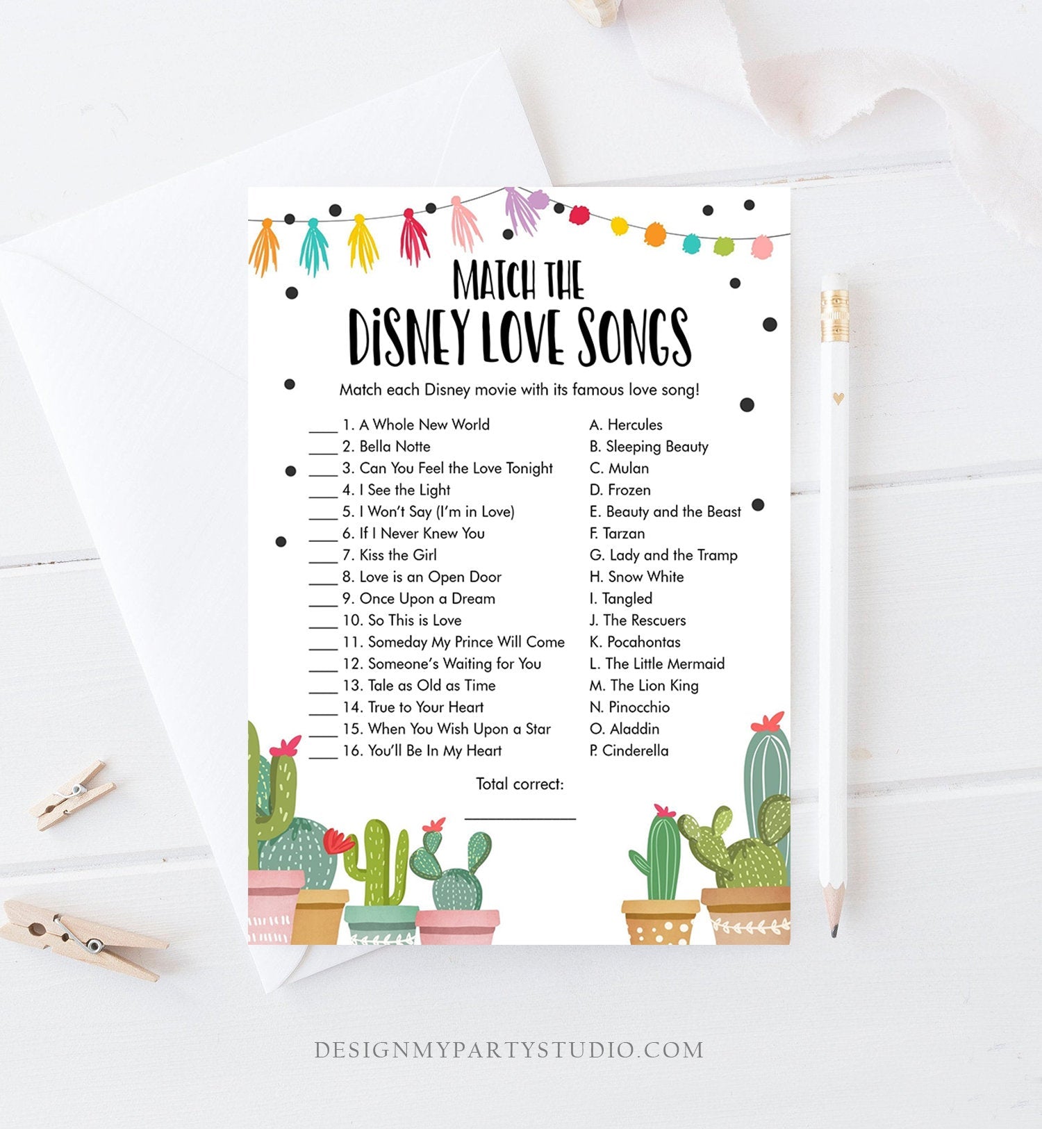 Editable Disney Love Songs Bridal Shower Game Quotes Cactus Fiesta Mexican Coed Shower Games Wedding Activity Corjl Template Printable 0254