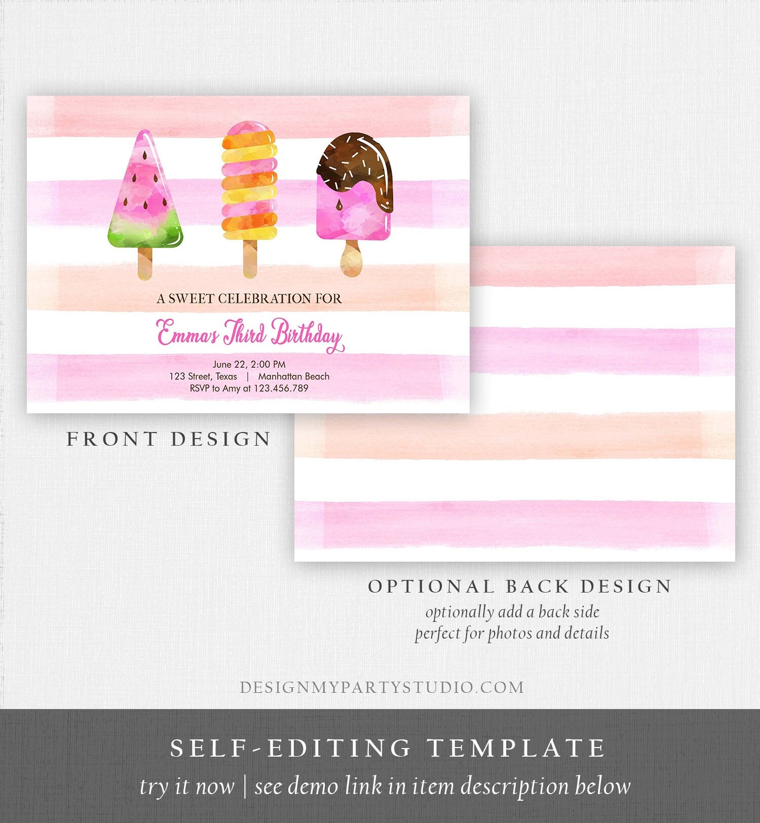 Editable Popsicle Birthday Invitation Pink Girl Birthday Summer Pool Party Popsicle Party Swim Download Printable Template Corjl 0143