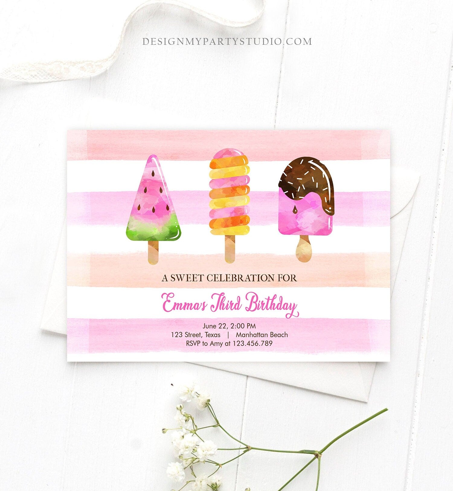 Editable Popsicle Birthday Invitation Pink Girl Birthday Summer Pool Party Popsicle Party Swim Download Printable Template Corjl 0143