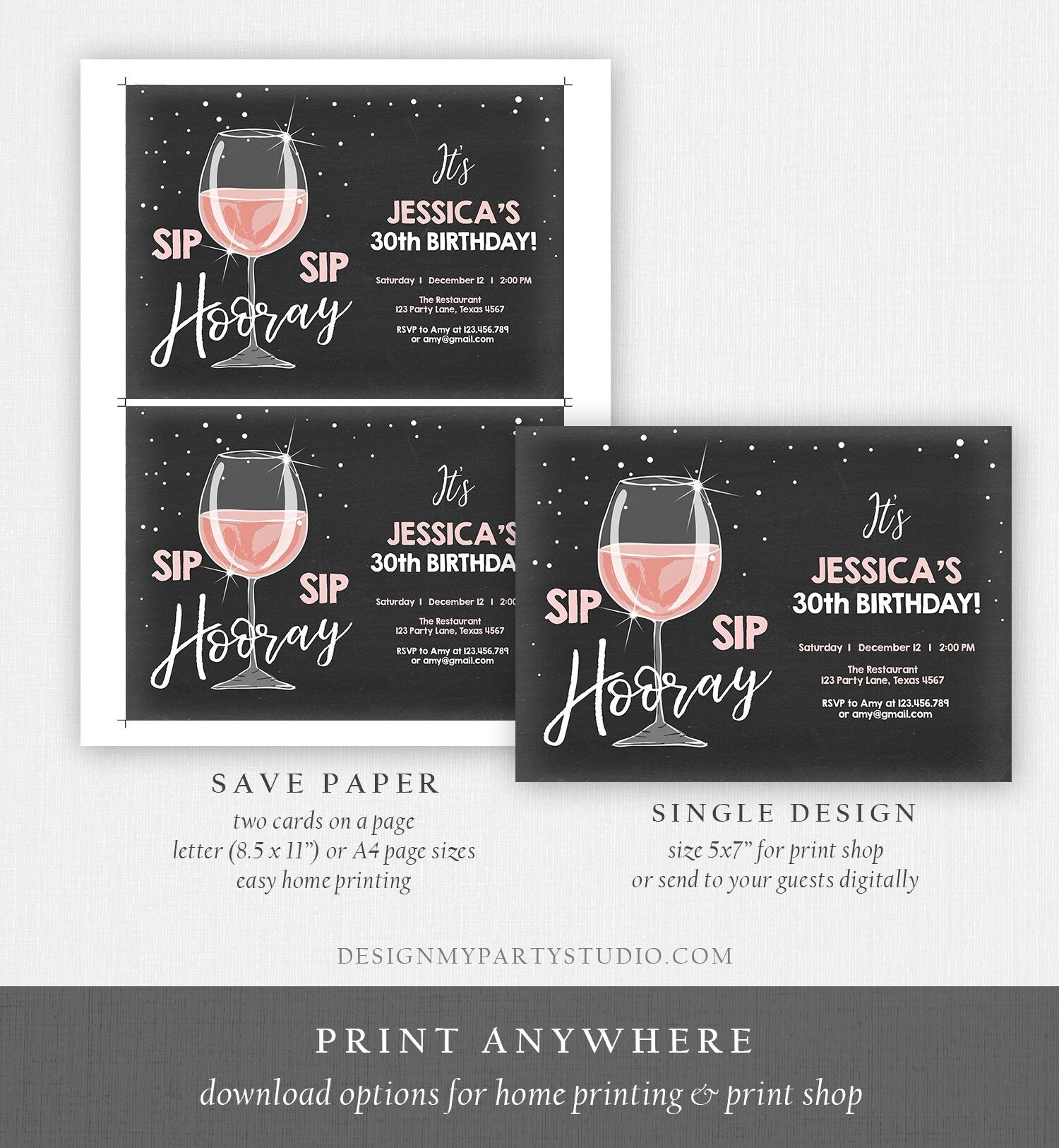 Editable Sip Sip Hooray Birthday Invitation Adult Surprise Party Rustic Chalk 30th Rose Wine Posh Chic Printable Corjl Template 0252