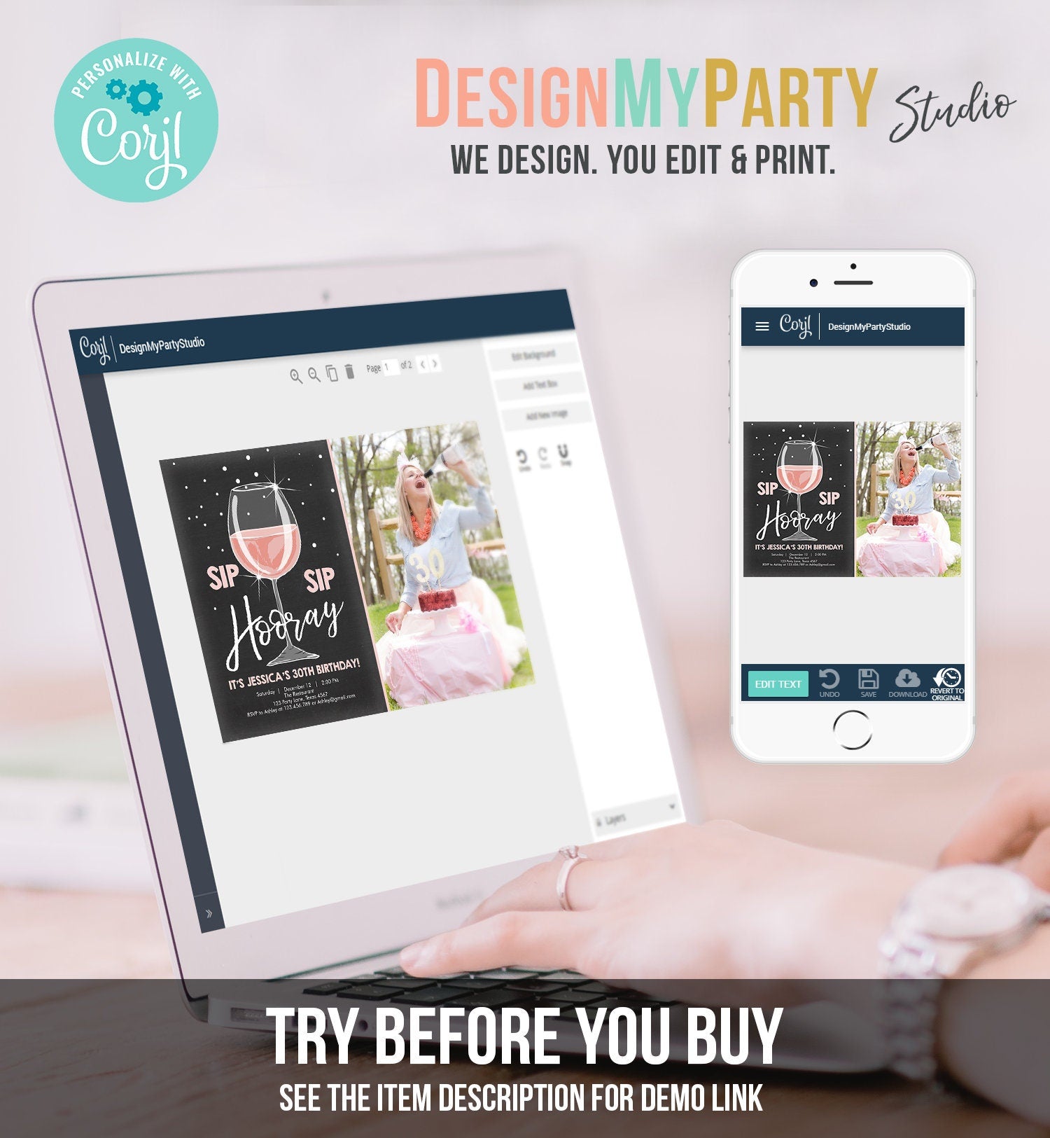 Editable Sip Sip Hooray Birthday Invitation Adult Surprise Party Rustic Chalk 30th Rose Wine Posh Chic Printable Corjl Template 0252