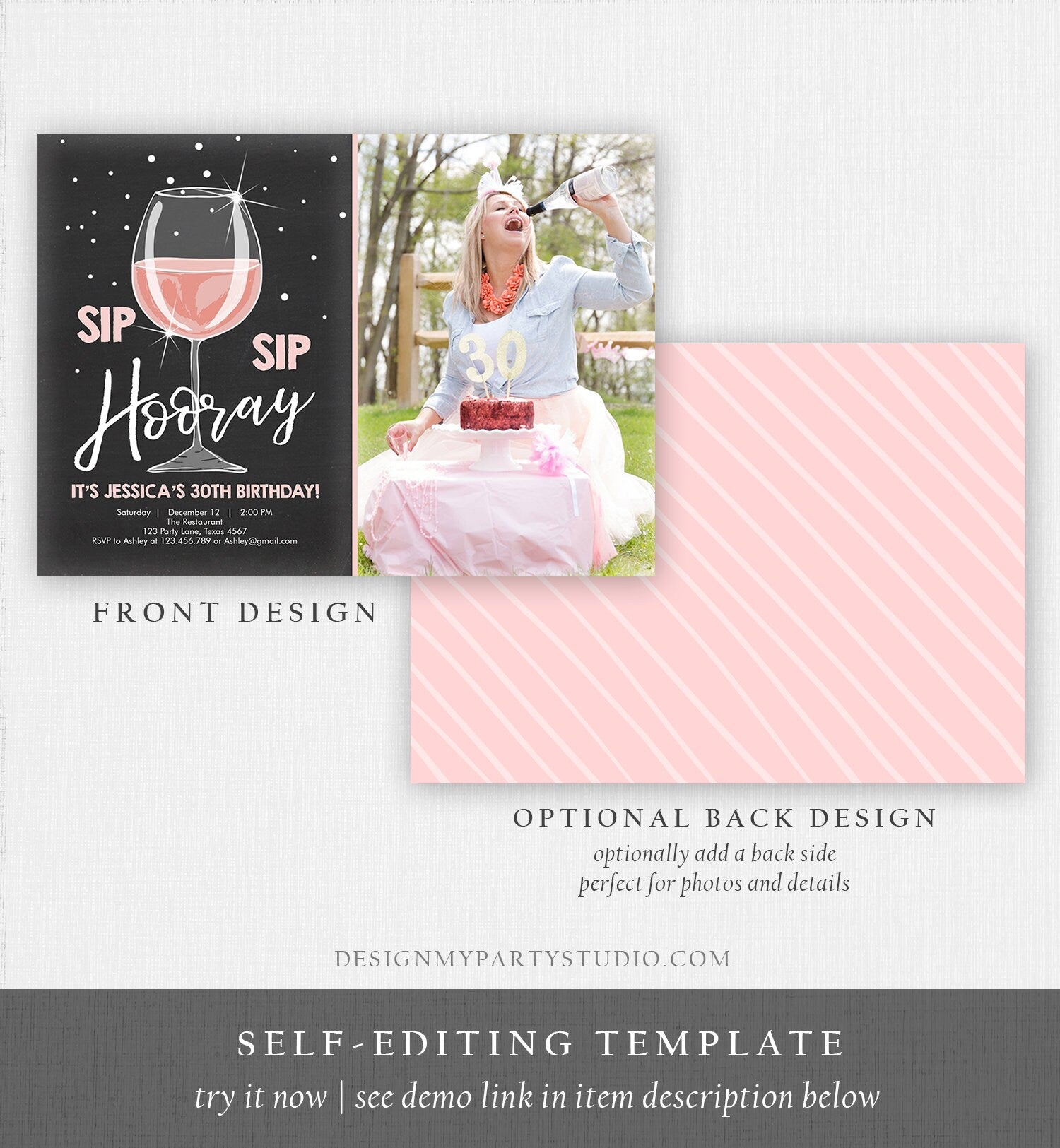 Editable Sip Sip Hooray Birthday Invitation Adult Surprise Party Rustic Chalk 30th Rose Wine Posh Chic Printable Corjl Template 0252