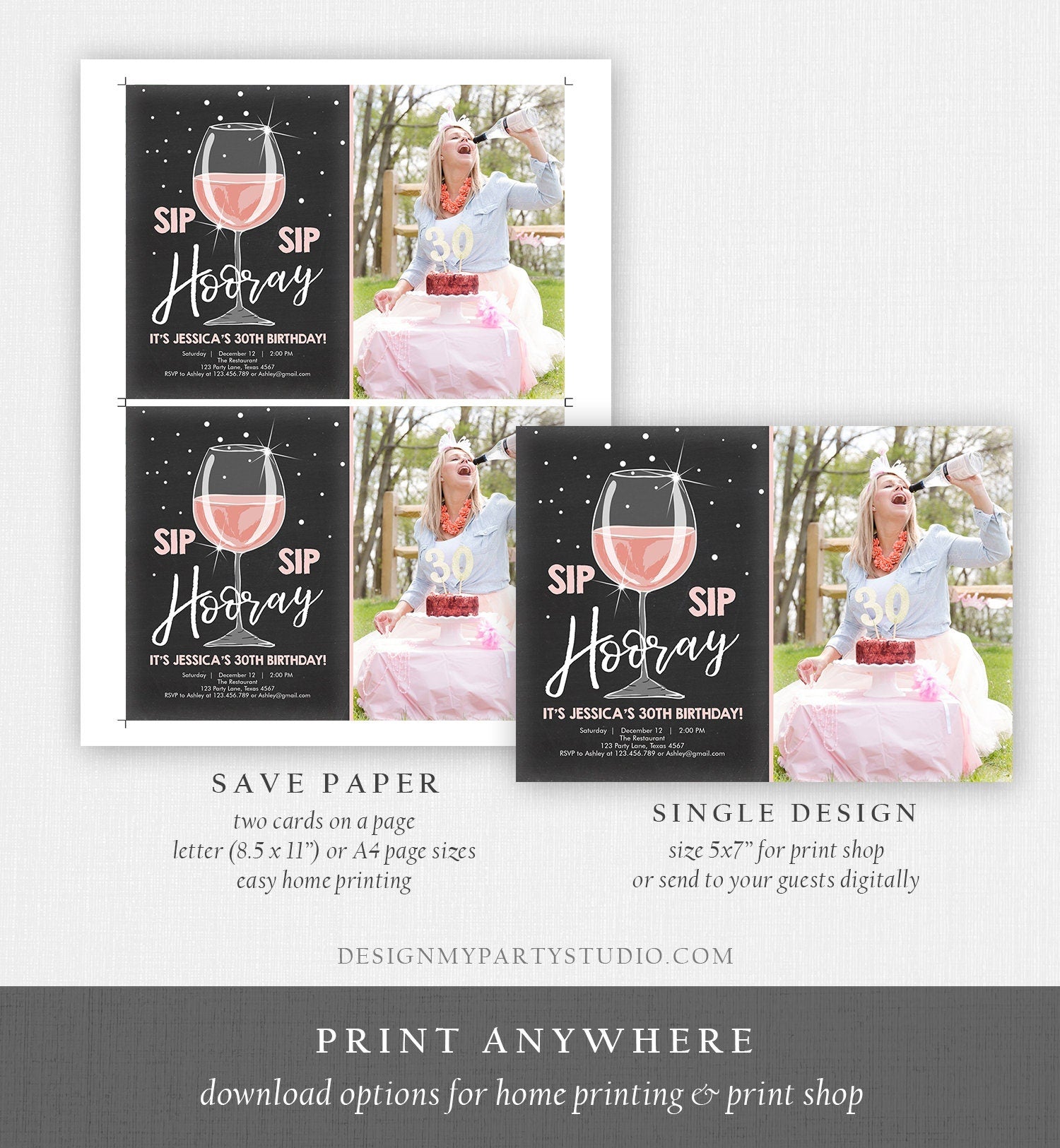 Editable Sip Sip Hooray Birthday Invitation Adult Surprise Party Rustic Chalk 30th Rose Wine Posh Chic Printable Corjl Template 0252