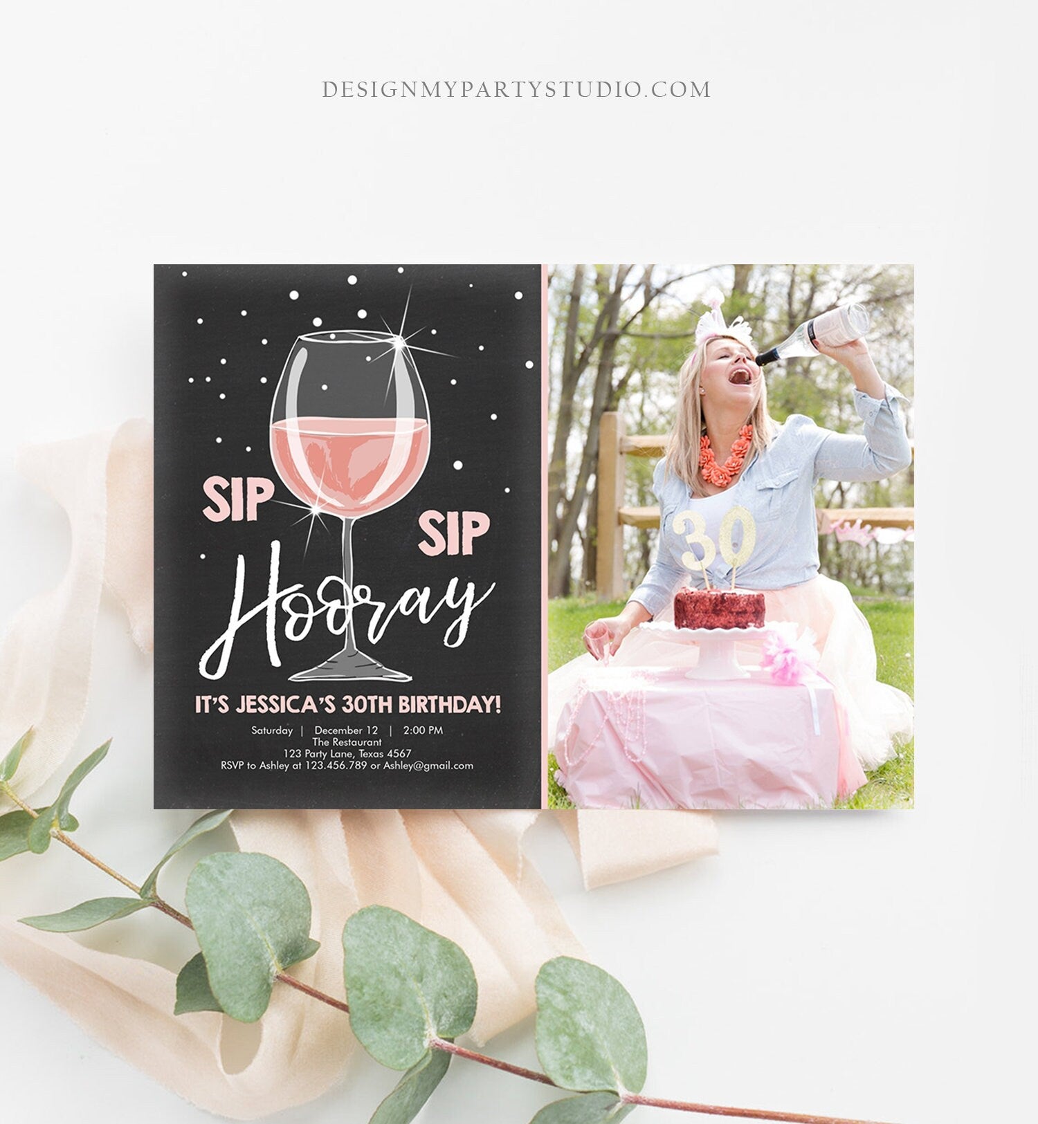 Editable Sip Sip Hooray Birthday Invitation Adult Surprise Party Rustic Chalk 30th Rose Wine Posh Chic Printable Corjl Template 0252