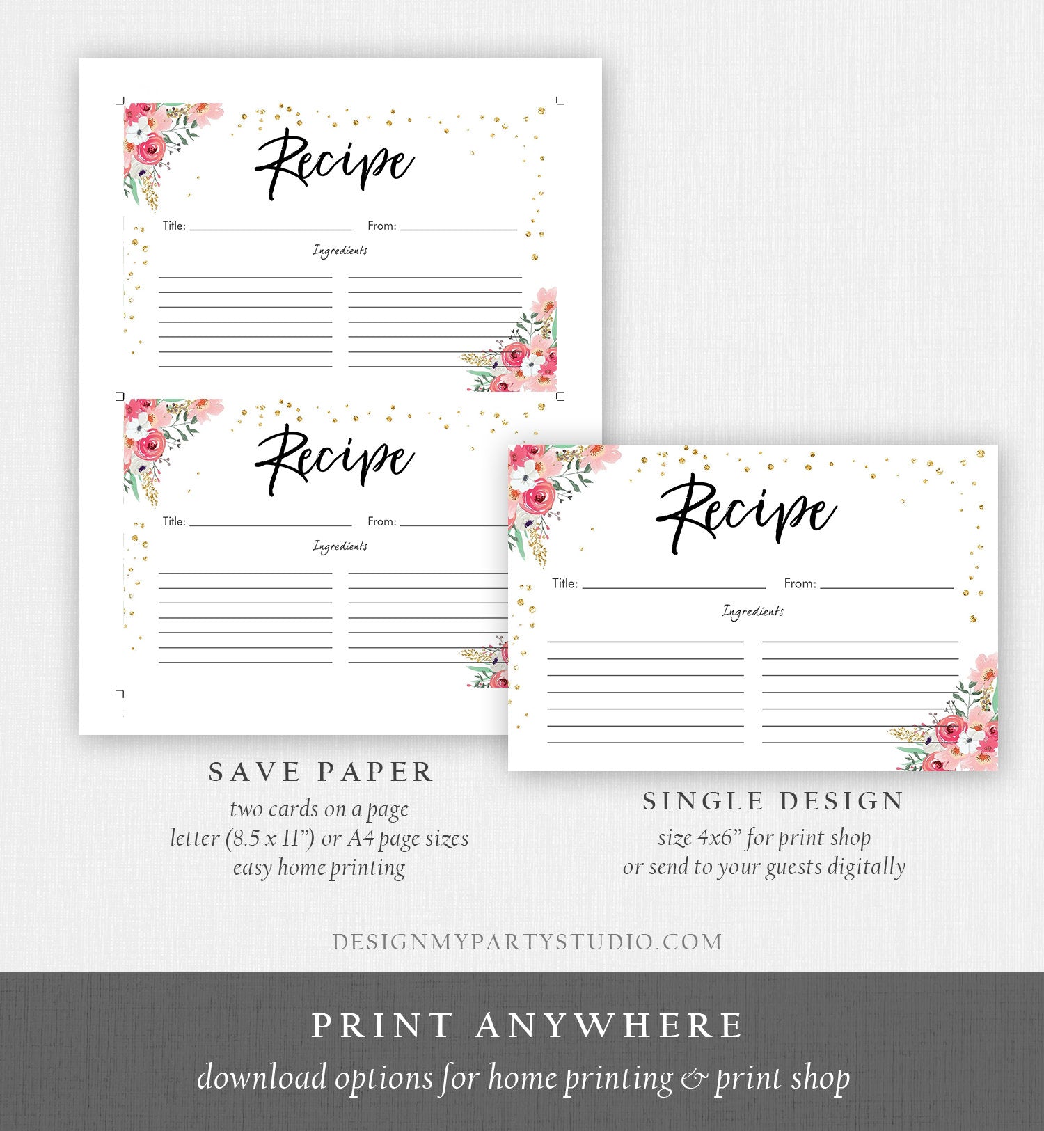 Editable Pink Floral Recipe Cards Travel Brunch and Bubbly Bridal Shower Miss to Mrs Gold Confetti Double Sided 4x6 Corjl Template 0030 0318