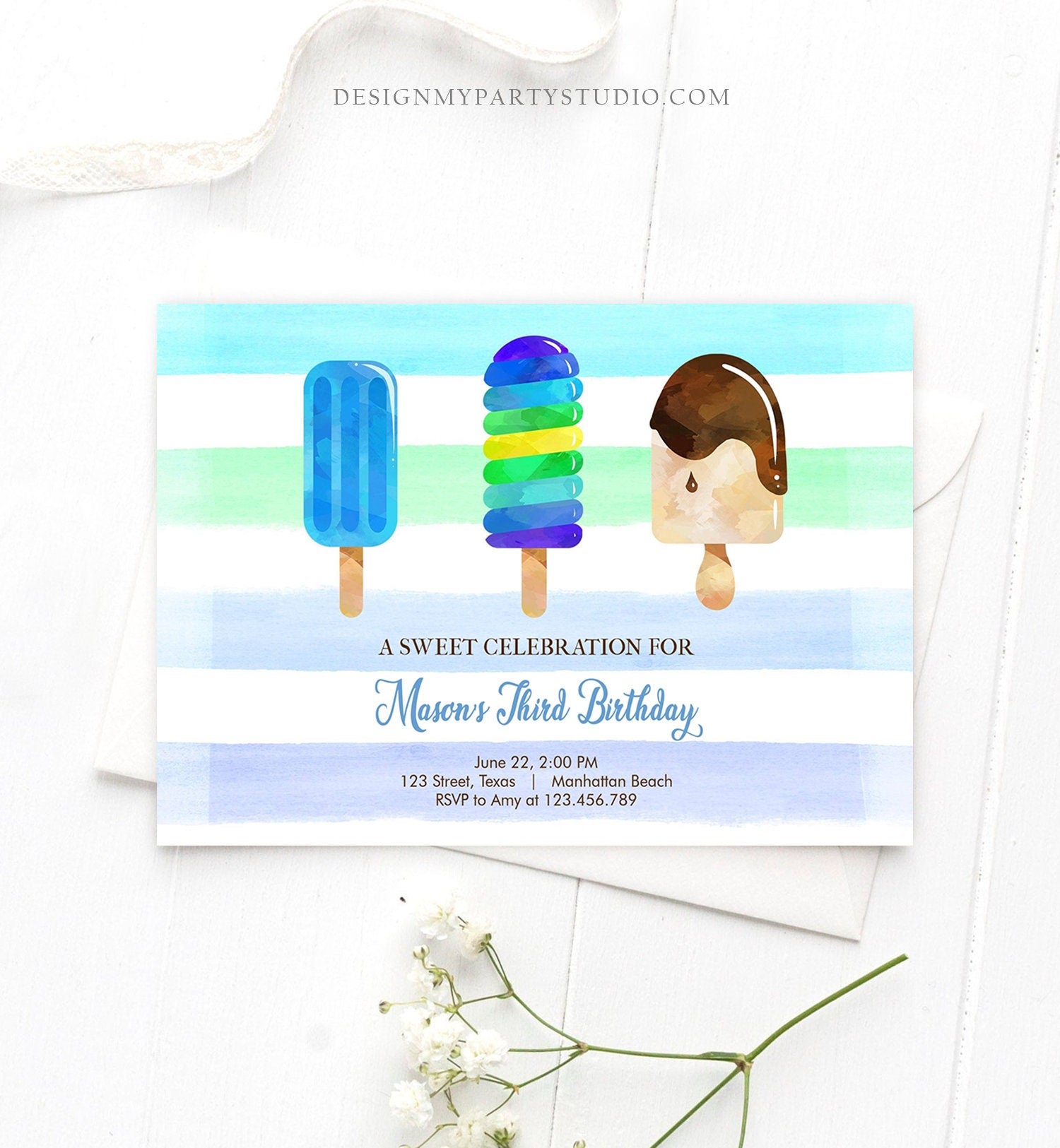 Editable Popsicle Birthday Invitation Boy Birthday Summer Pool Party Popsicle Party Swim Blue Green Download Printable Template Corjl 0143