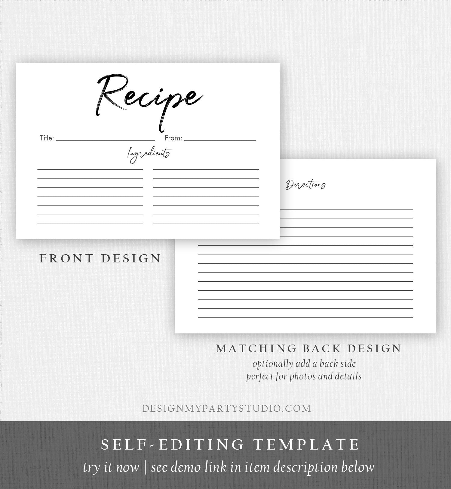 Editable Recipe Cards Bridal Shower Recipe Card Stock the Kitchen Baby Shower DIY Neutral Double Sided 4x6 Printable Corjl Template