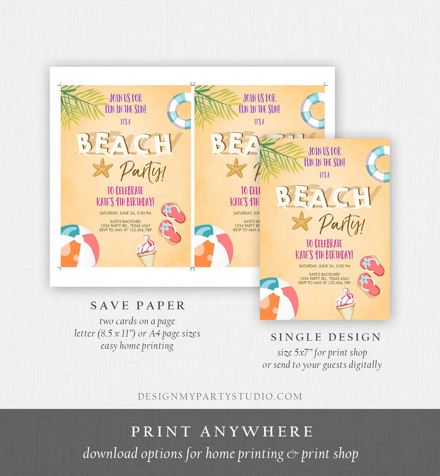 Editable Beach Party Invitation Birthday Invite Surf Party Summer Sea Sand Beach Ball Girl Pink Download Printable Template Corjl 0158