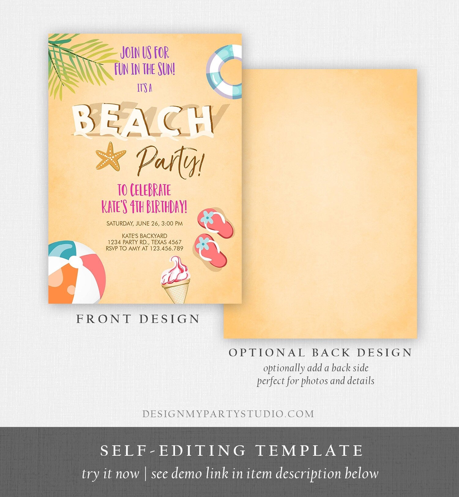 Editable Beach Party Invitation Birthday Invite Surf Party Summer Sea Sand Beach Ball Girl Pink Download Printable Template Corjl 0158