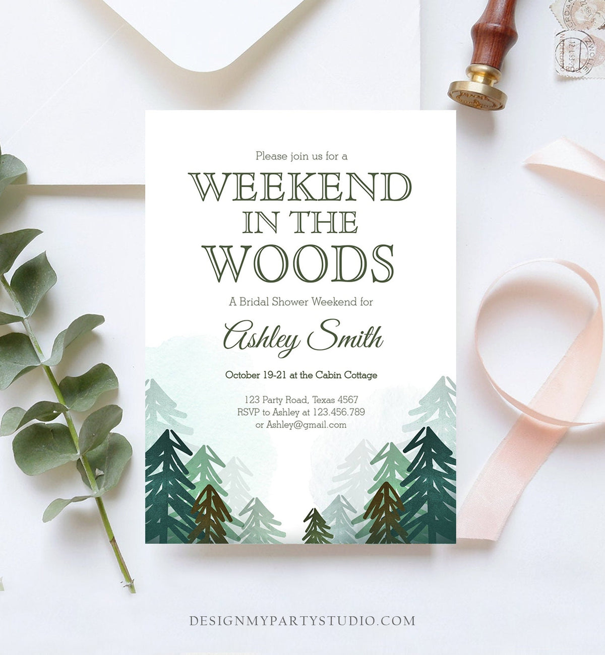 Editable Weekend in the Woods Bridal Shower Invitation Bachelorette Bachelor Forest Camping Outdoor Party Birthday Party Corjl Template 0295