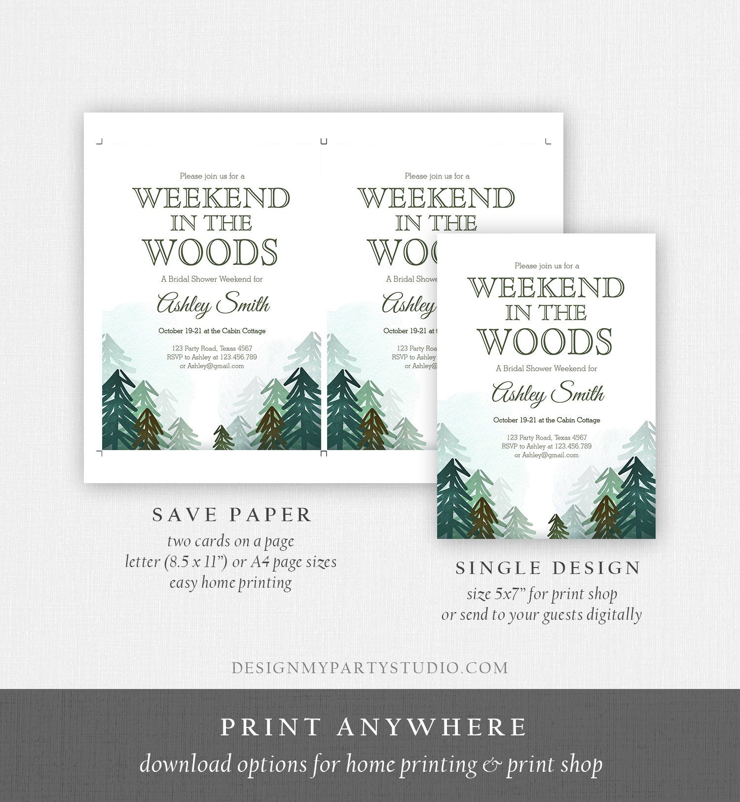 Editable Weekend in the Woods Bridal Shower Invitation Bachelorette Bachelor Forest Camping Outdoor Party Birthday Party Corjl Template 0295